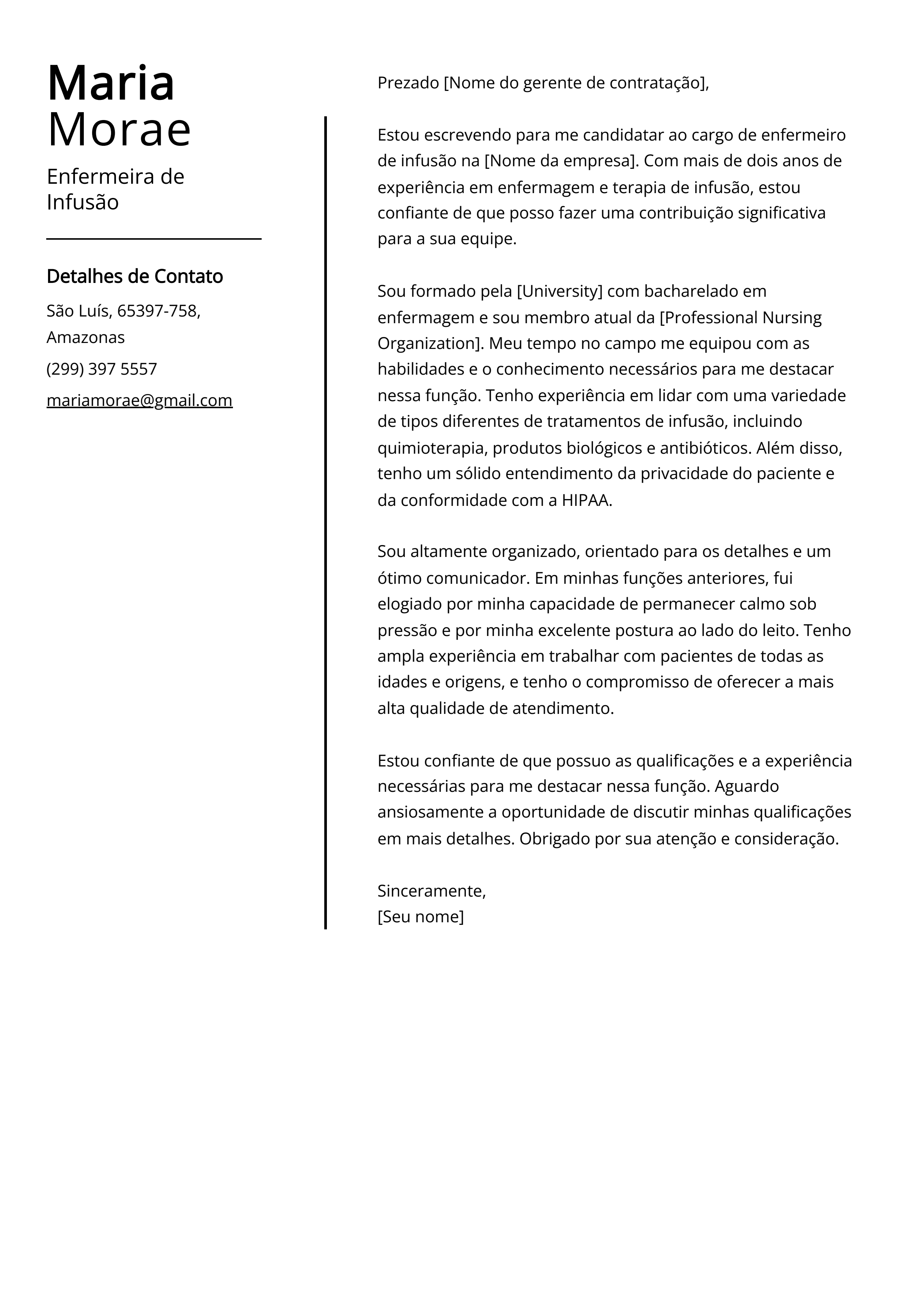 Exemplo de carta de apresentação da Enfermeira de Infusão