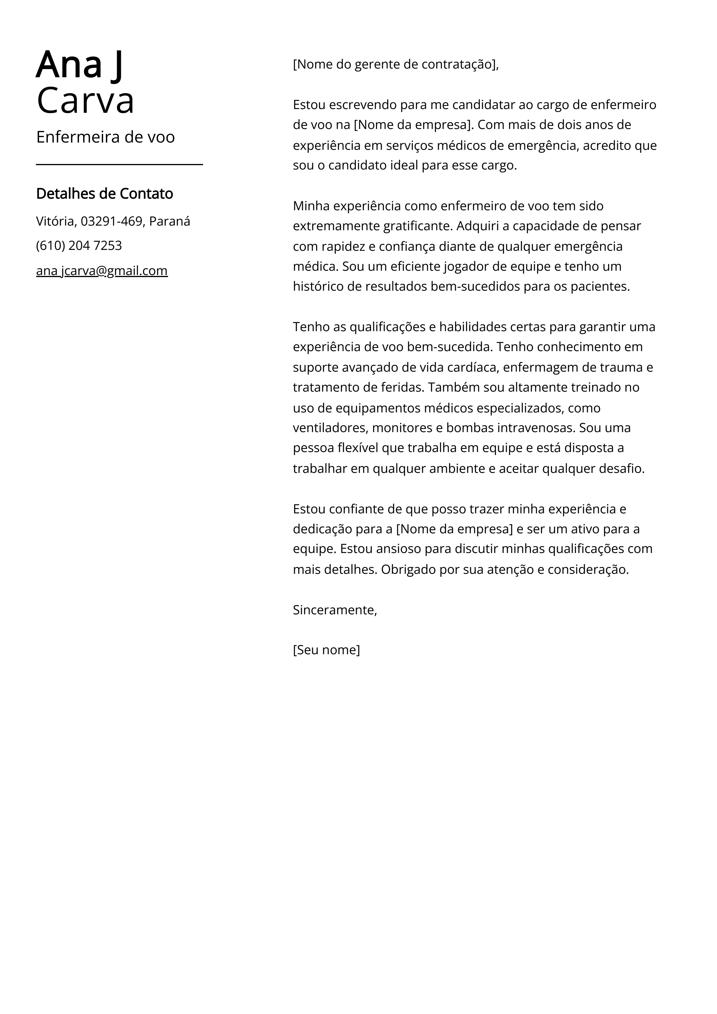 Exemplo de Carta de Apresentação da Enfermeira de Voo