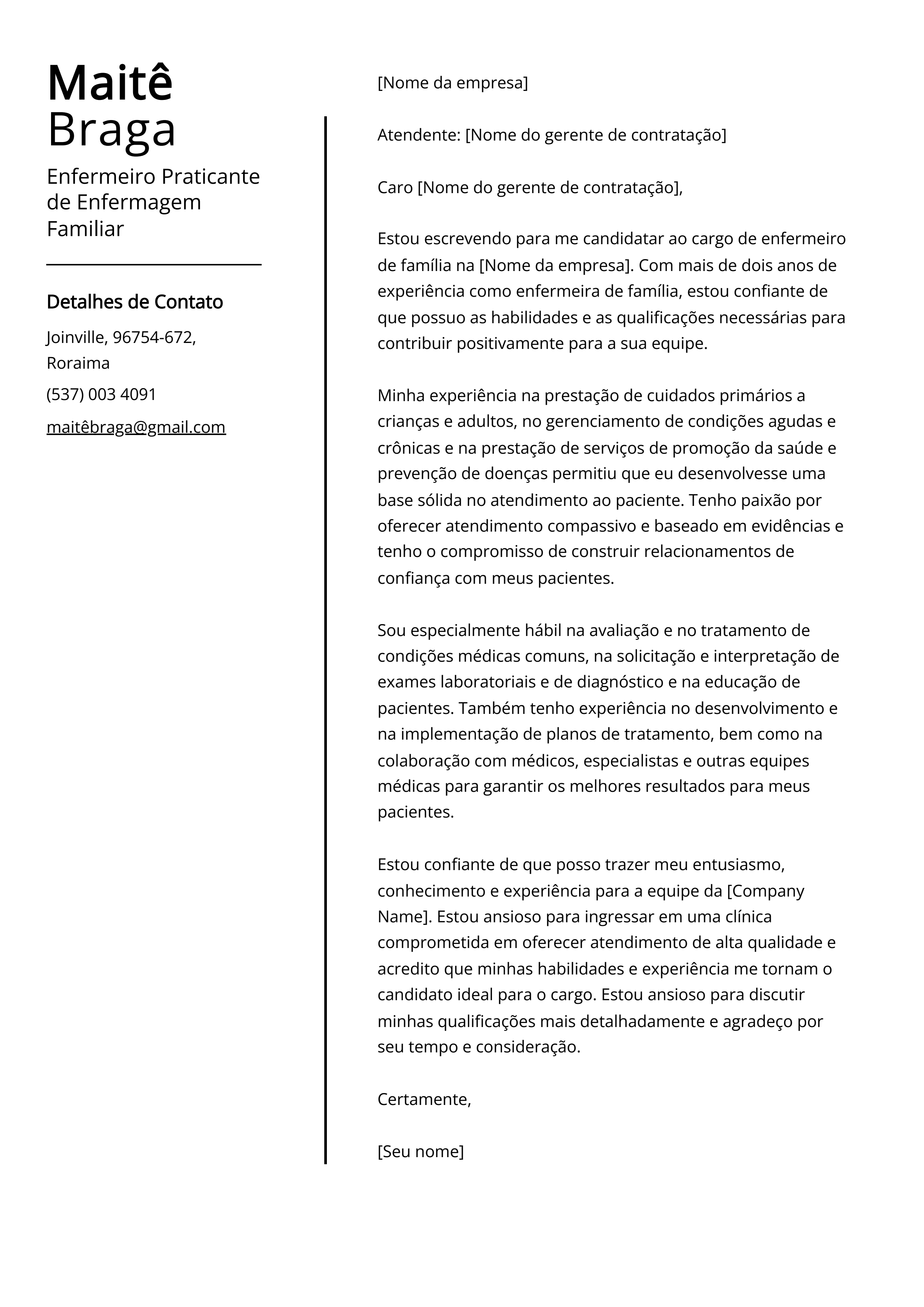 Exemplo de carta de apresentação do Enfermeiro Praticante de Enfermagem Familiar