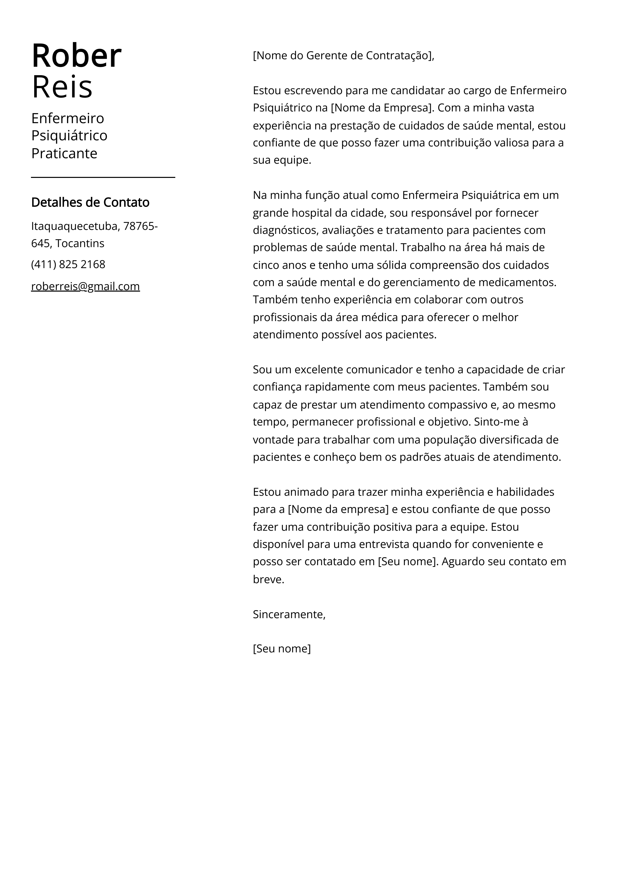 Exemplo de Carta de Apresentação do Enfermeiro Psiquiátrico Praticante