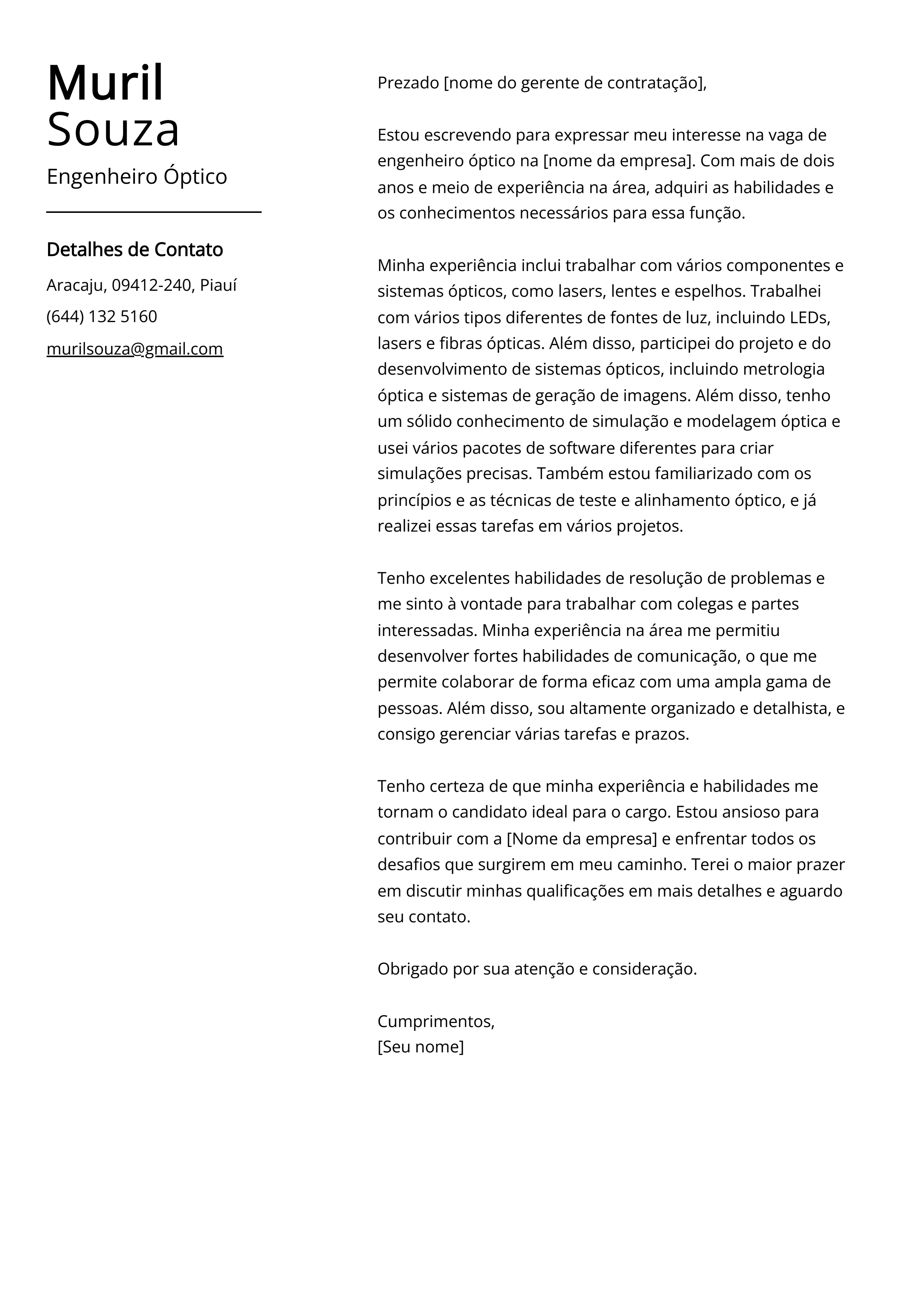 Exemplo de Carta de Apresentação de Engenheiro Óptico