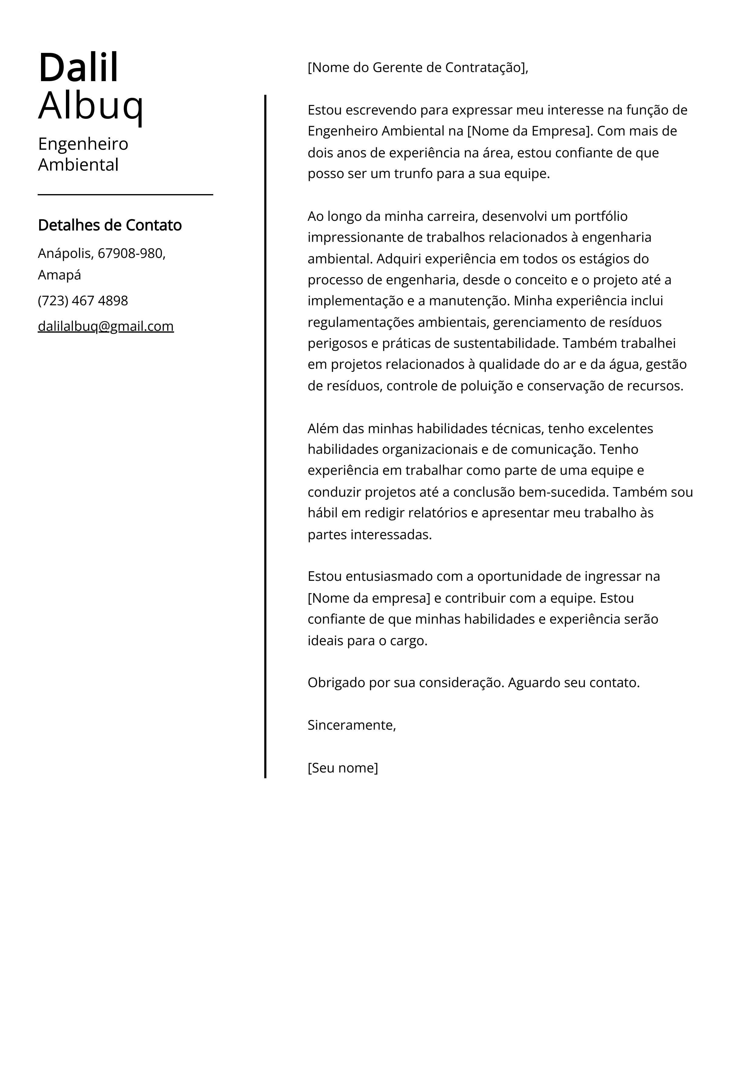 Exemplo de Carta de Apresentação de Engenheiro Ambiental