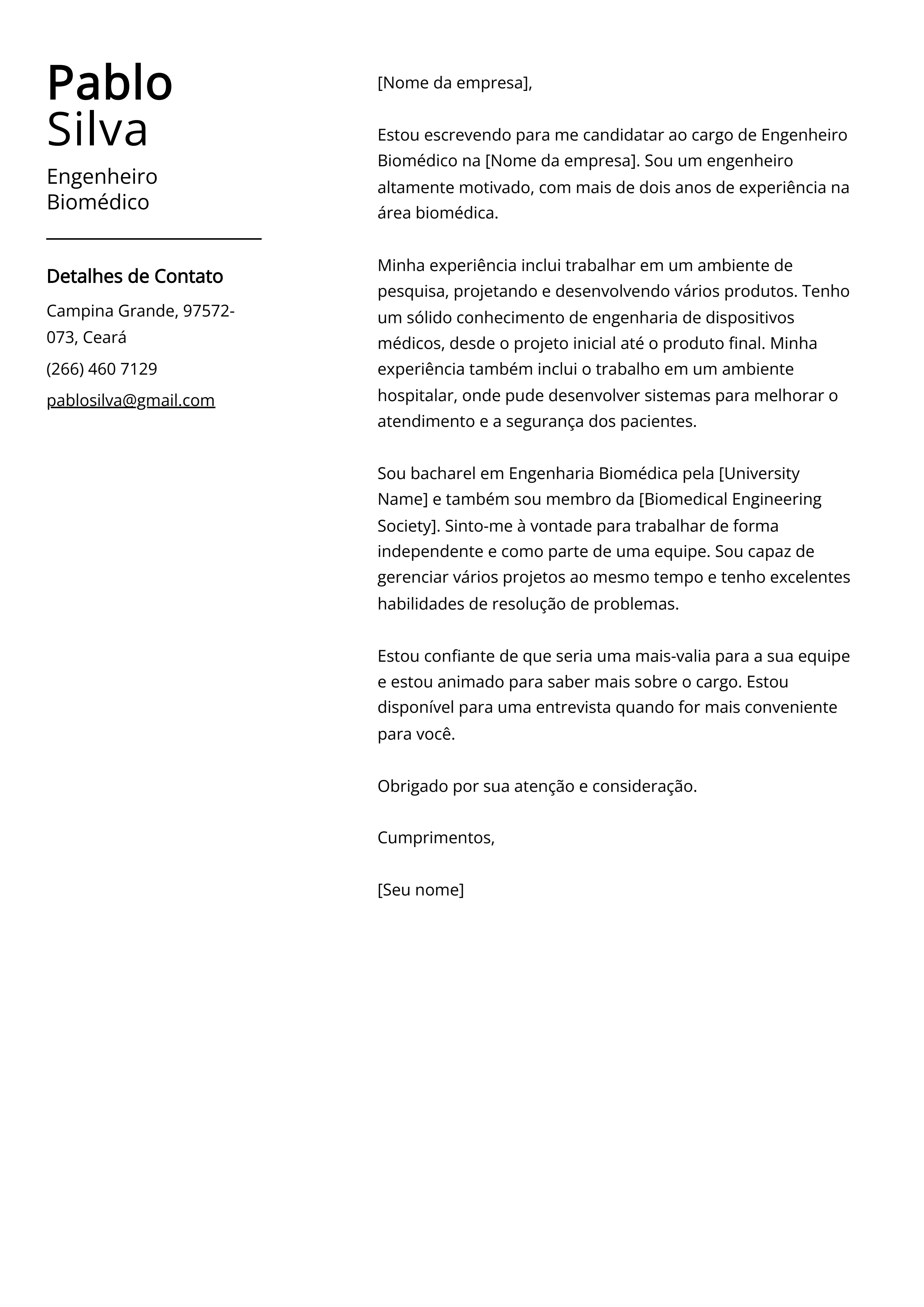 Exemplo de carta de apresentação do Engenheiro Biomédico