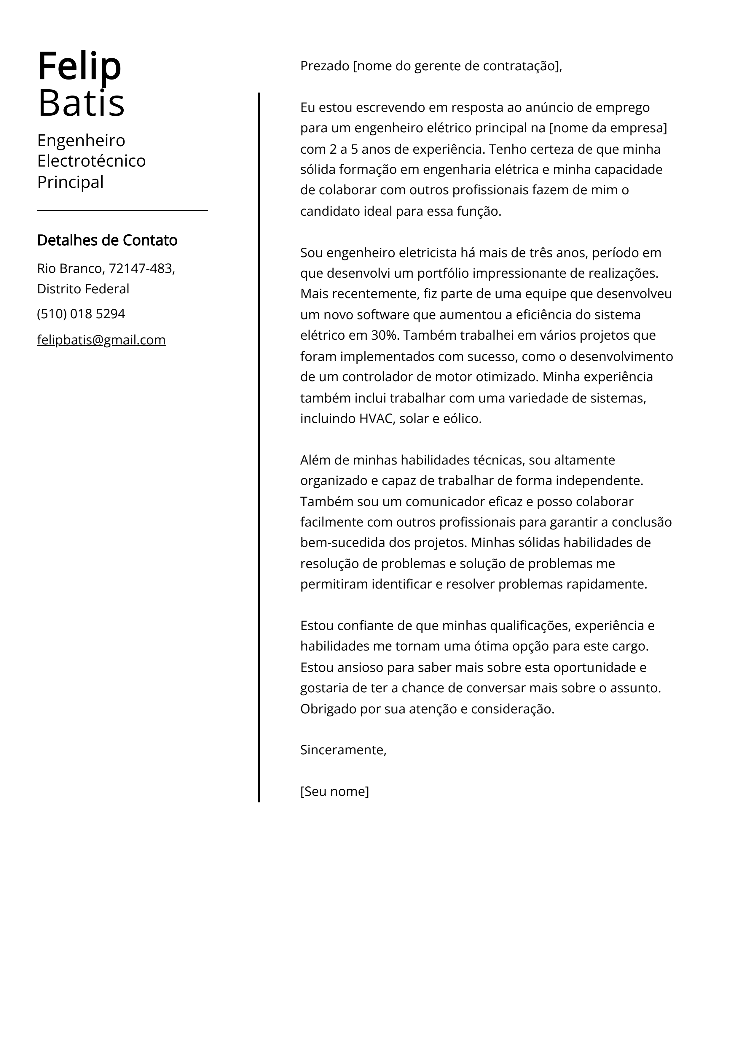 Exemplo de carta de apresentação do Engenheiro Eletrotécnico Principal