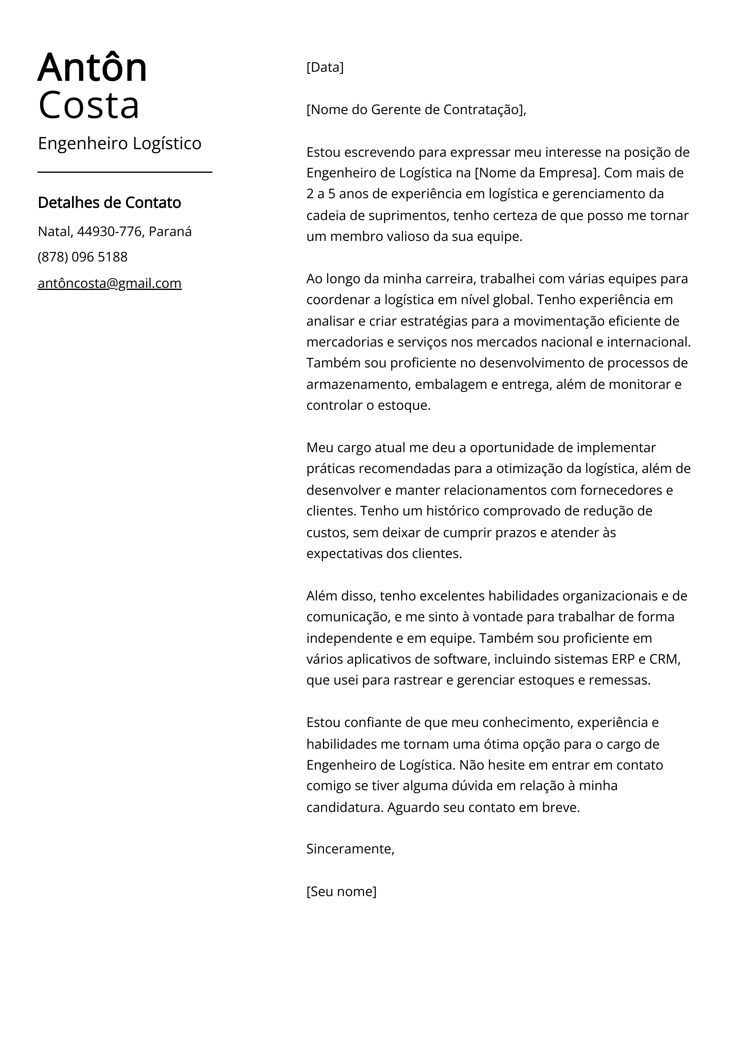 Exemplo de carta de apresentação do Engenheiro Logístico