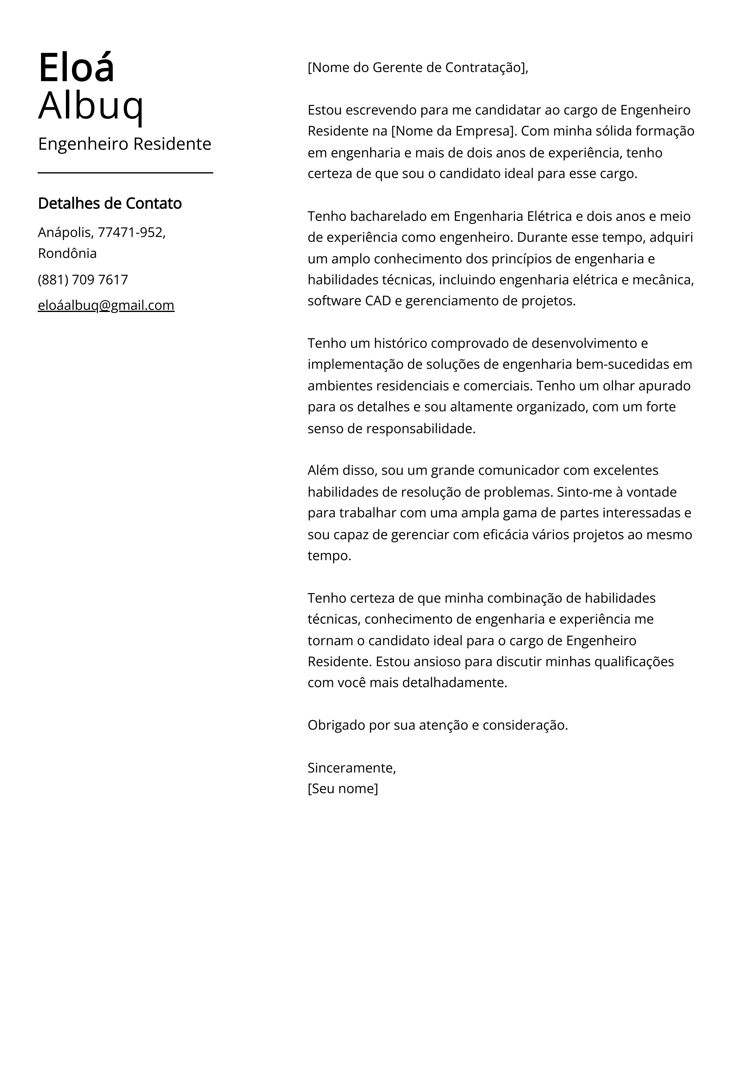 Exemplo de carta de apresentação de Engenheiro Residente