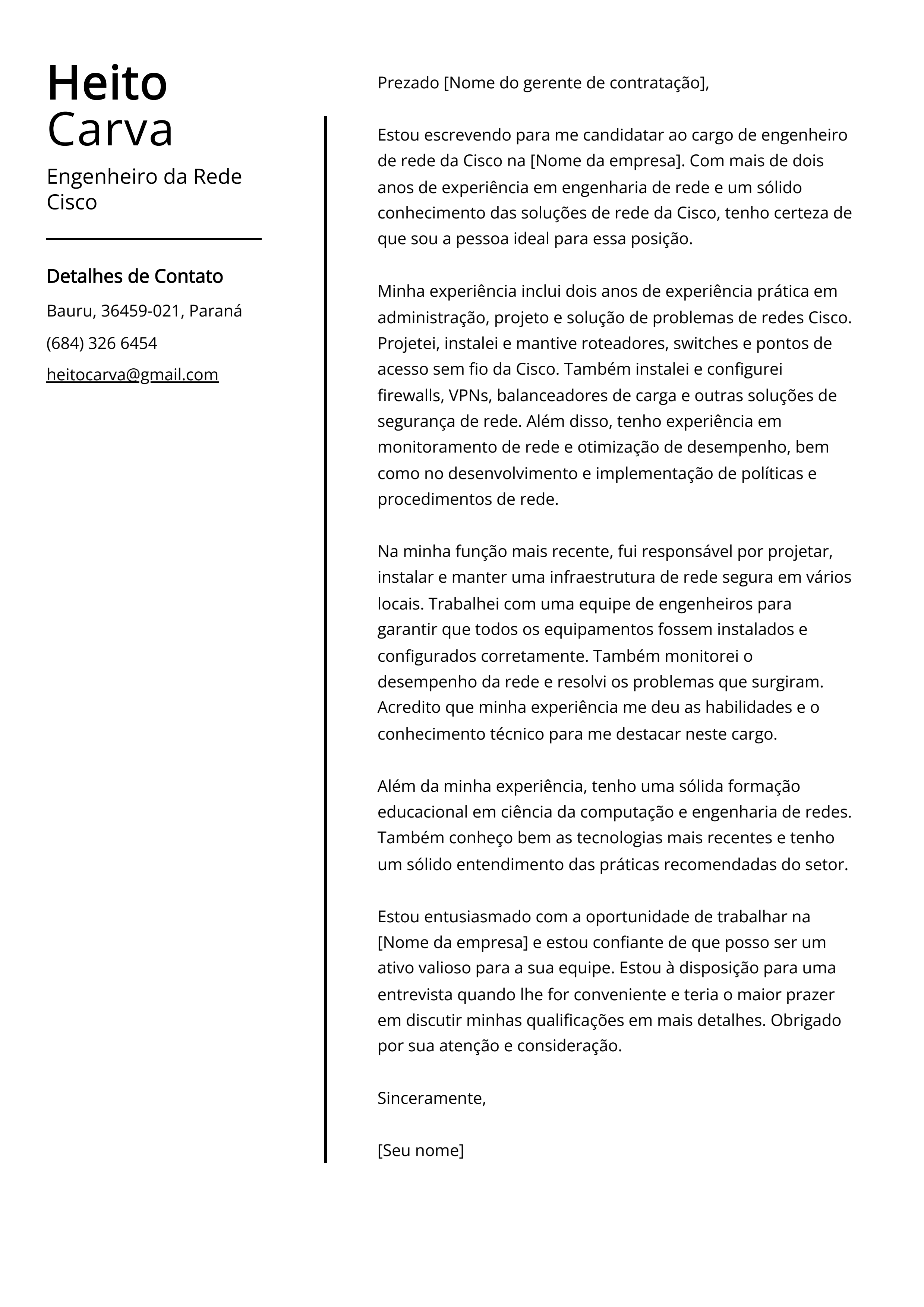 Exemplo de carta de apresentação do Engenheiro da Rede Cisco