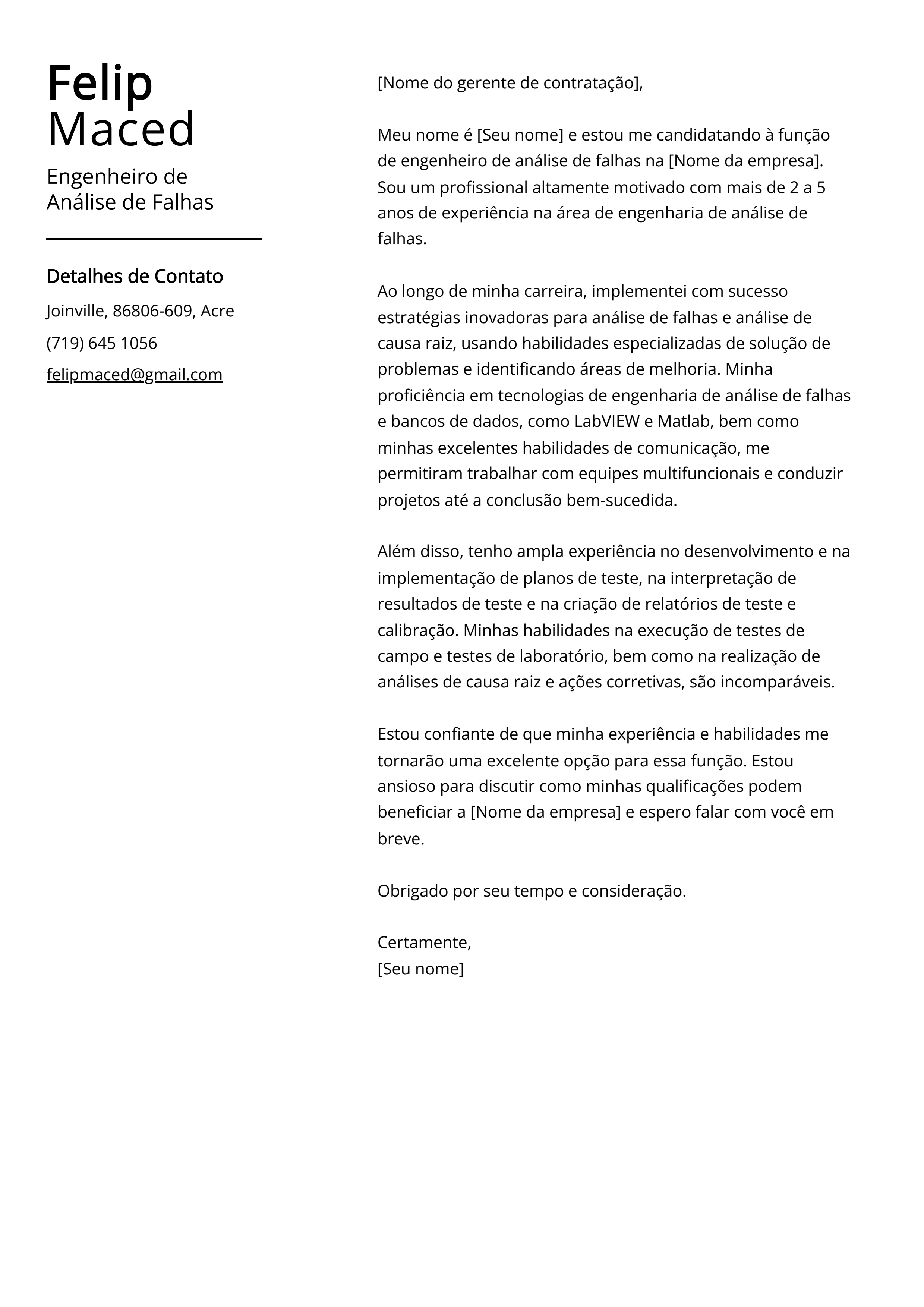 Exemplo de carta de apresentação do Engenheiro de Análise de Falhas