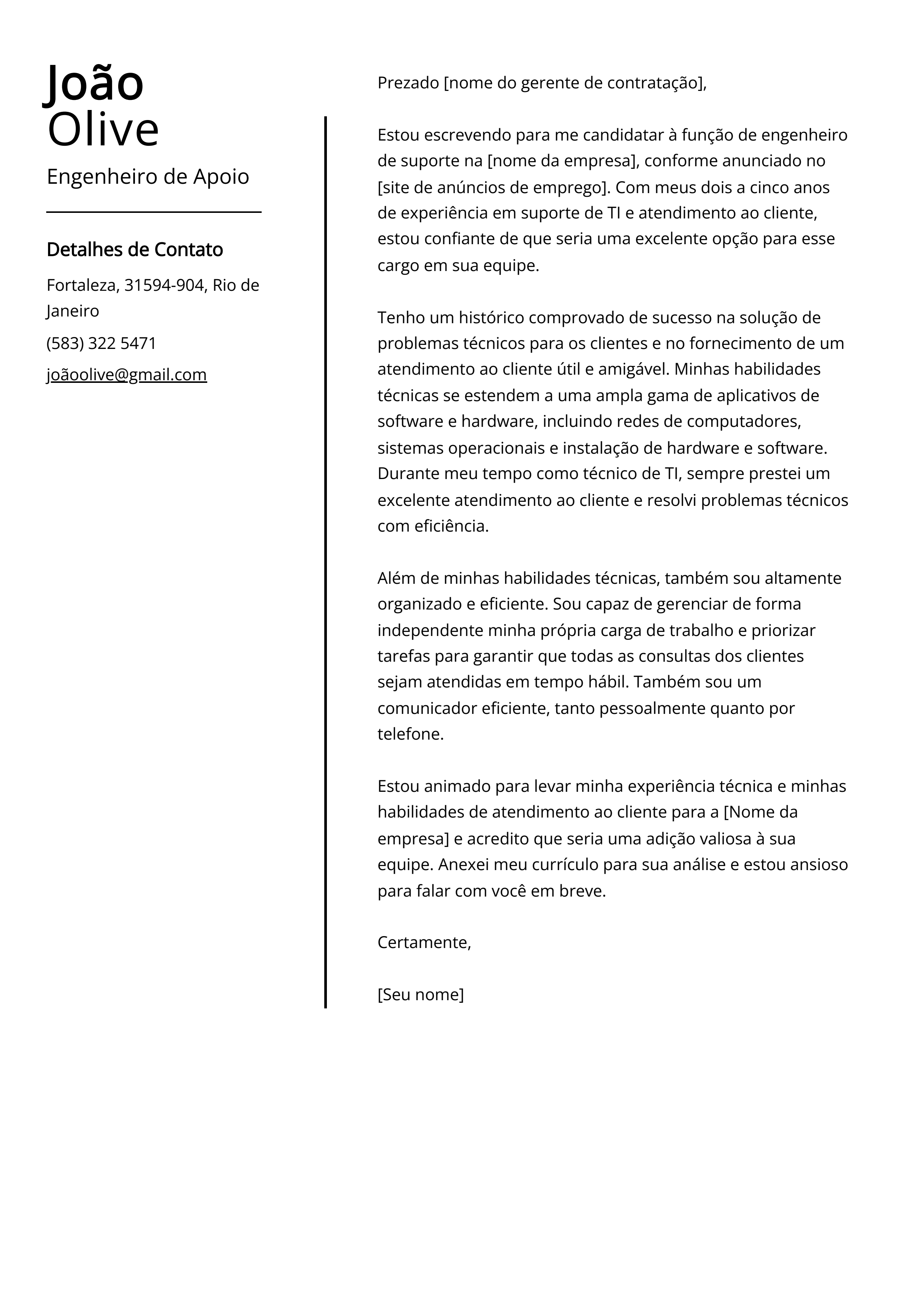 Exemplo de Carta de Apresentação de Engenheiro de Apoio