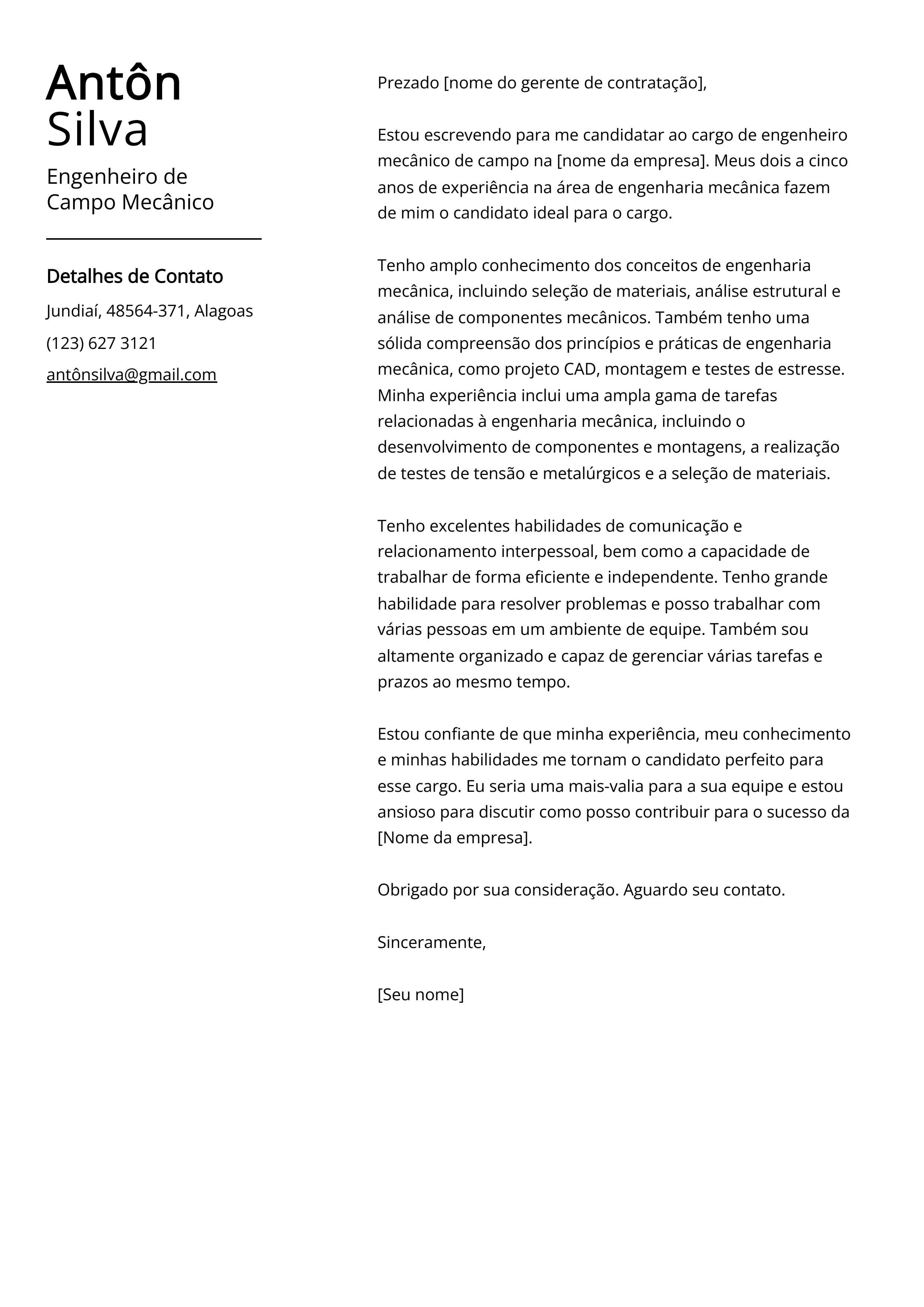 Exemplo de carta de apresentação do Engenheiro de Campo Mecânico