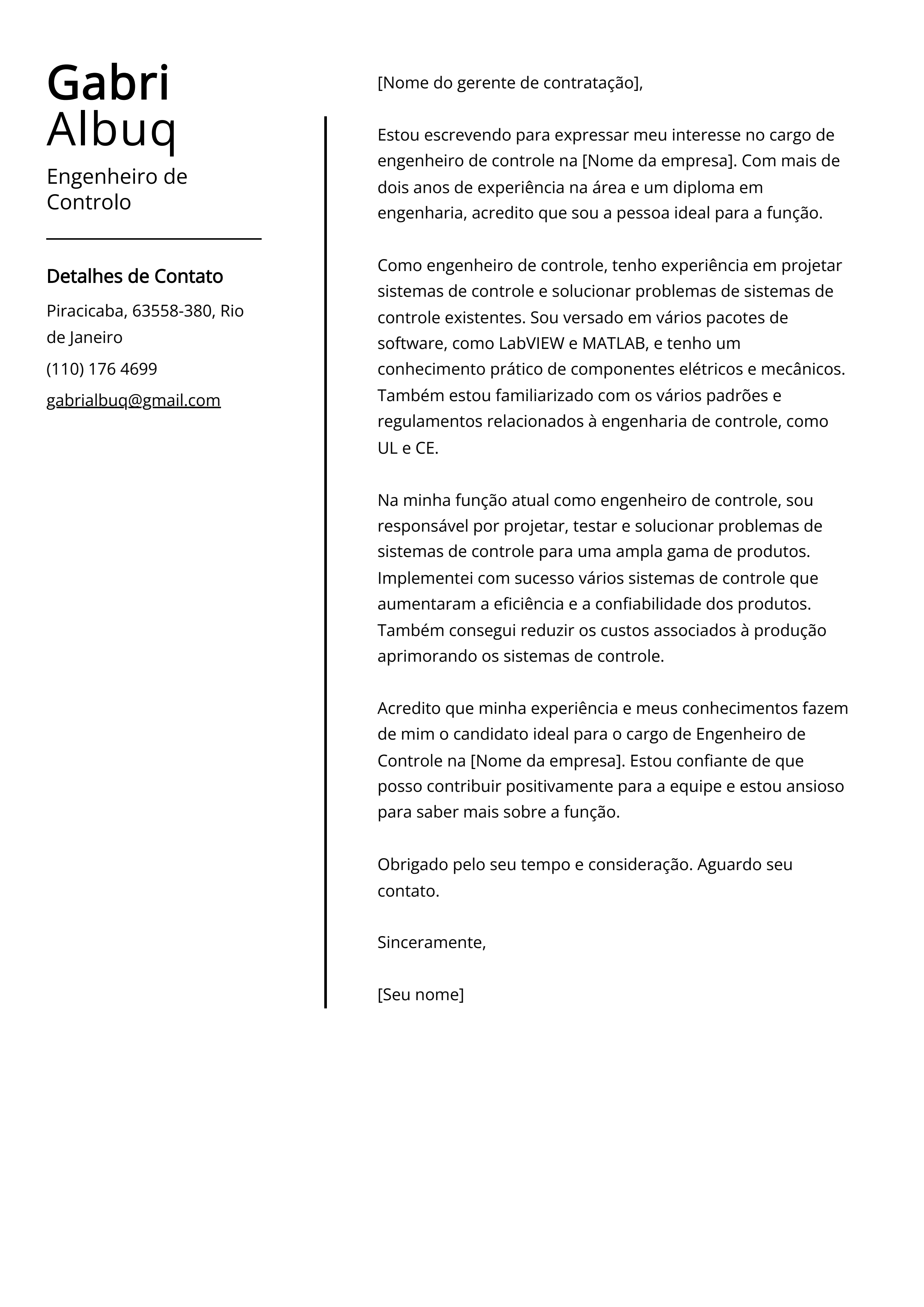 Exemplo de carta de apresentação do Engenheiro de Controle