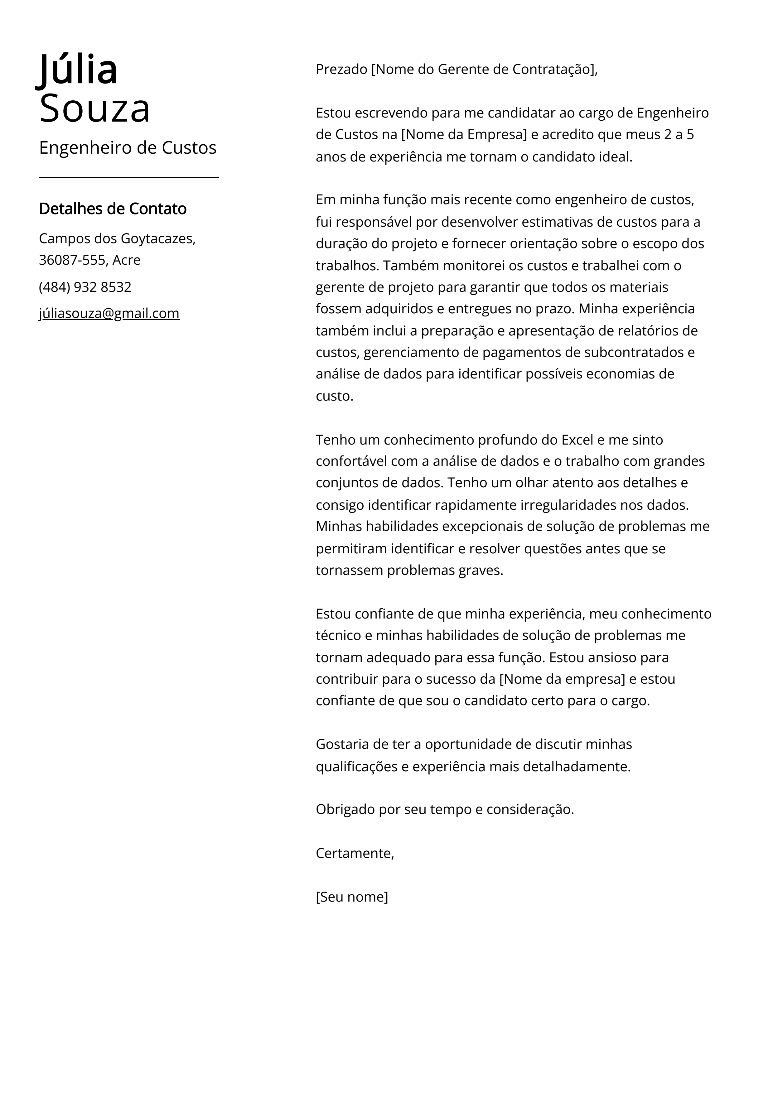 Exemplo de carta de apresentação do Engenheiro de Custos