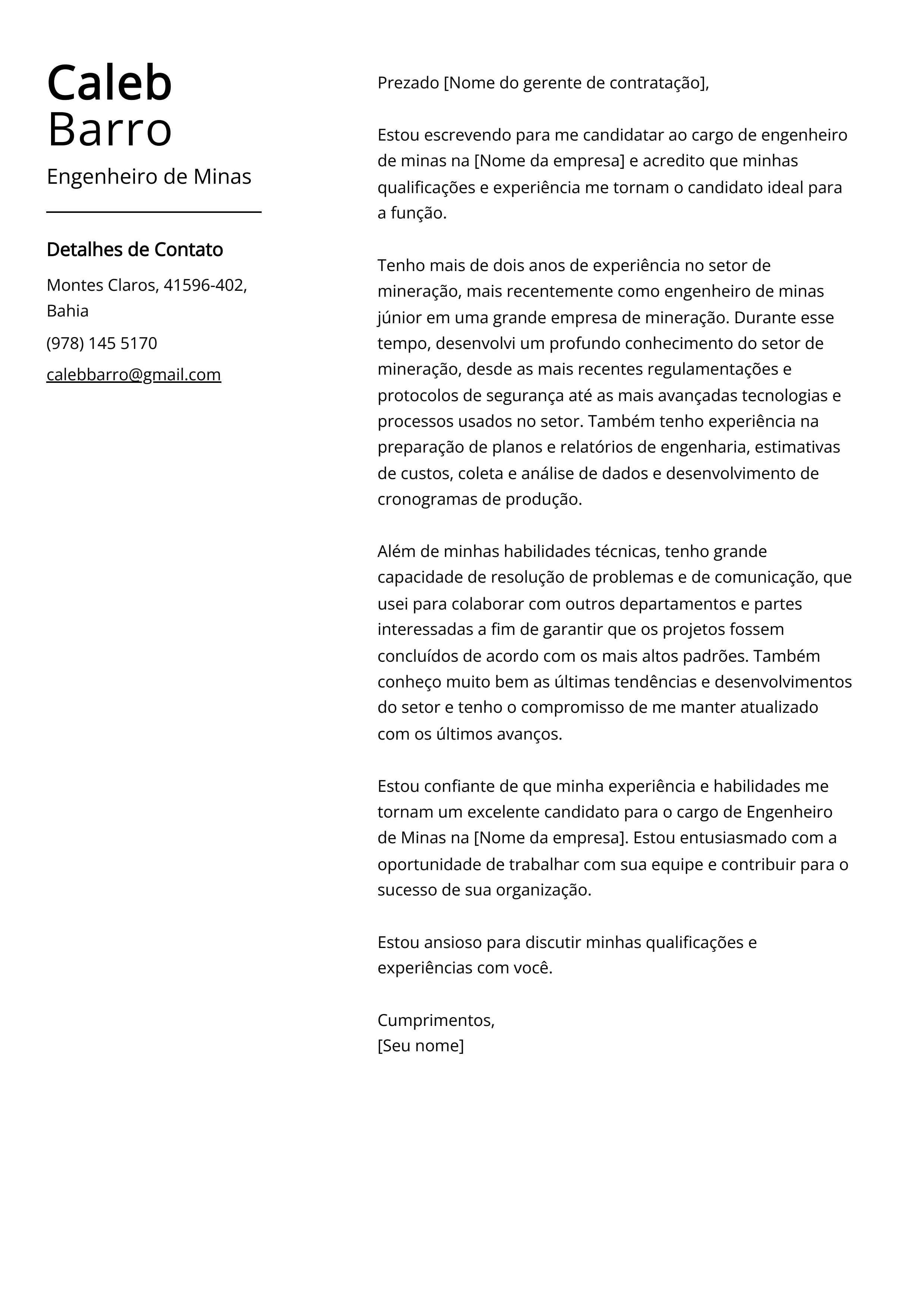 Exemplo de carta de apresentação do Engenheiro de Minas