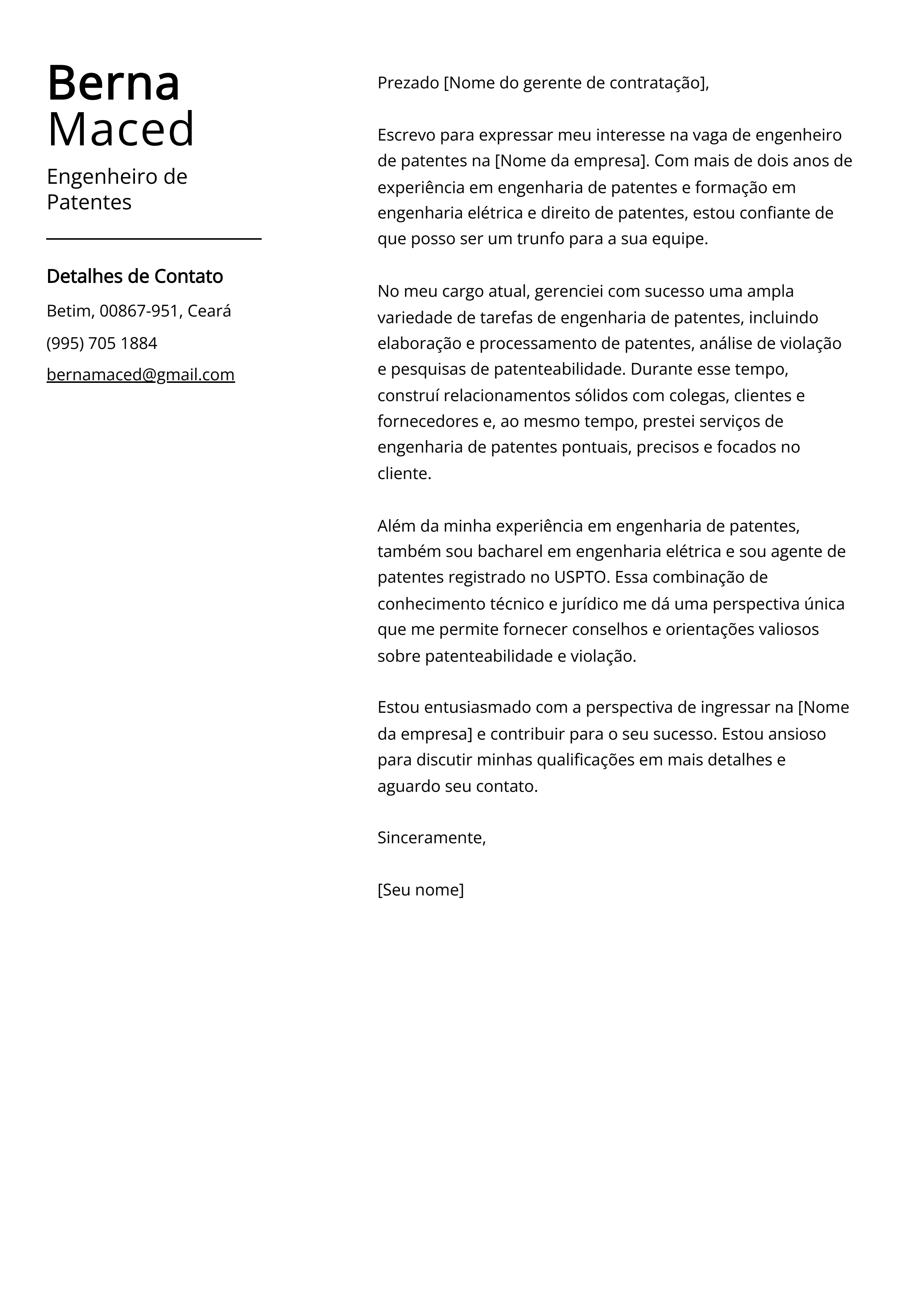 Exemplo de Carta de Apresentação de Engenheiro de Patentes