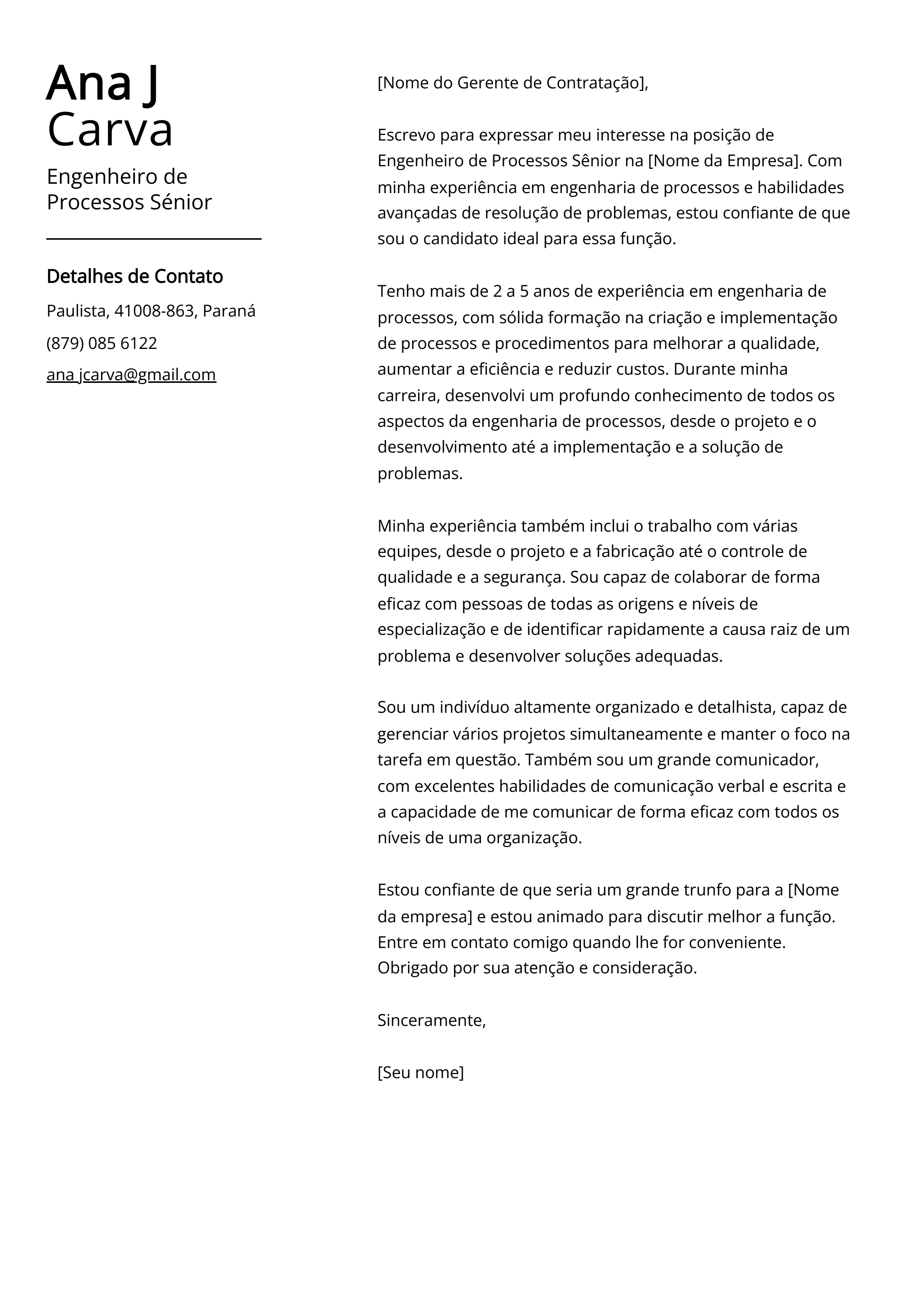 Exemplo de carta de apresentação do Engenheiro de Processos Sênior