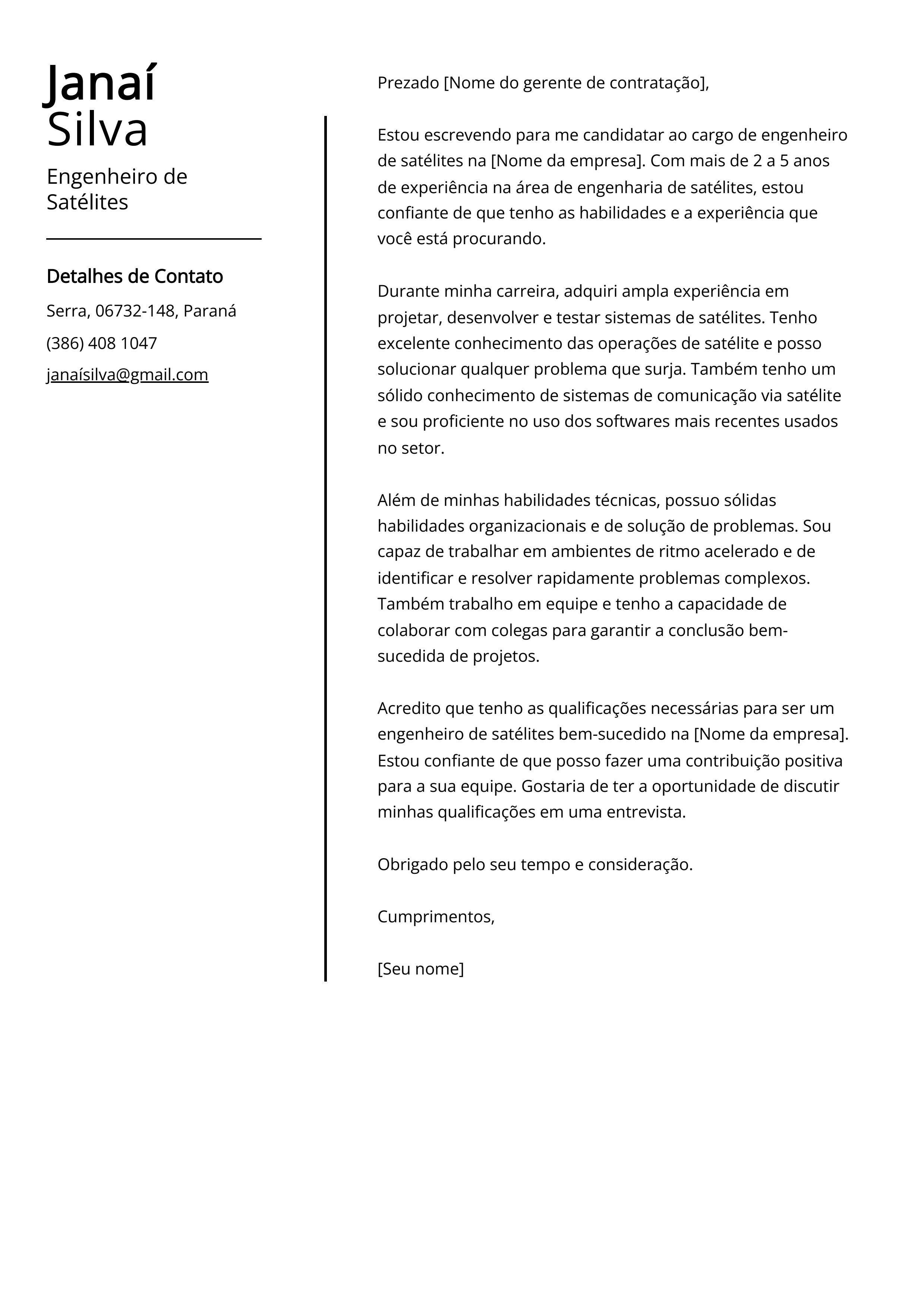 Exemplo de carta de apresentação do Engenheiro de Satélites