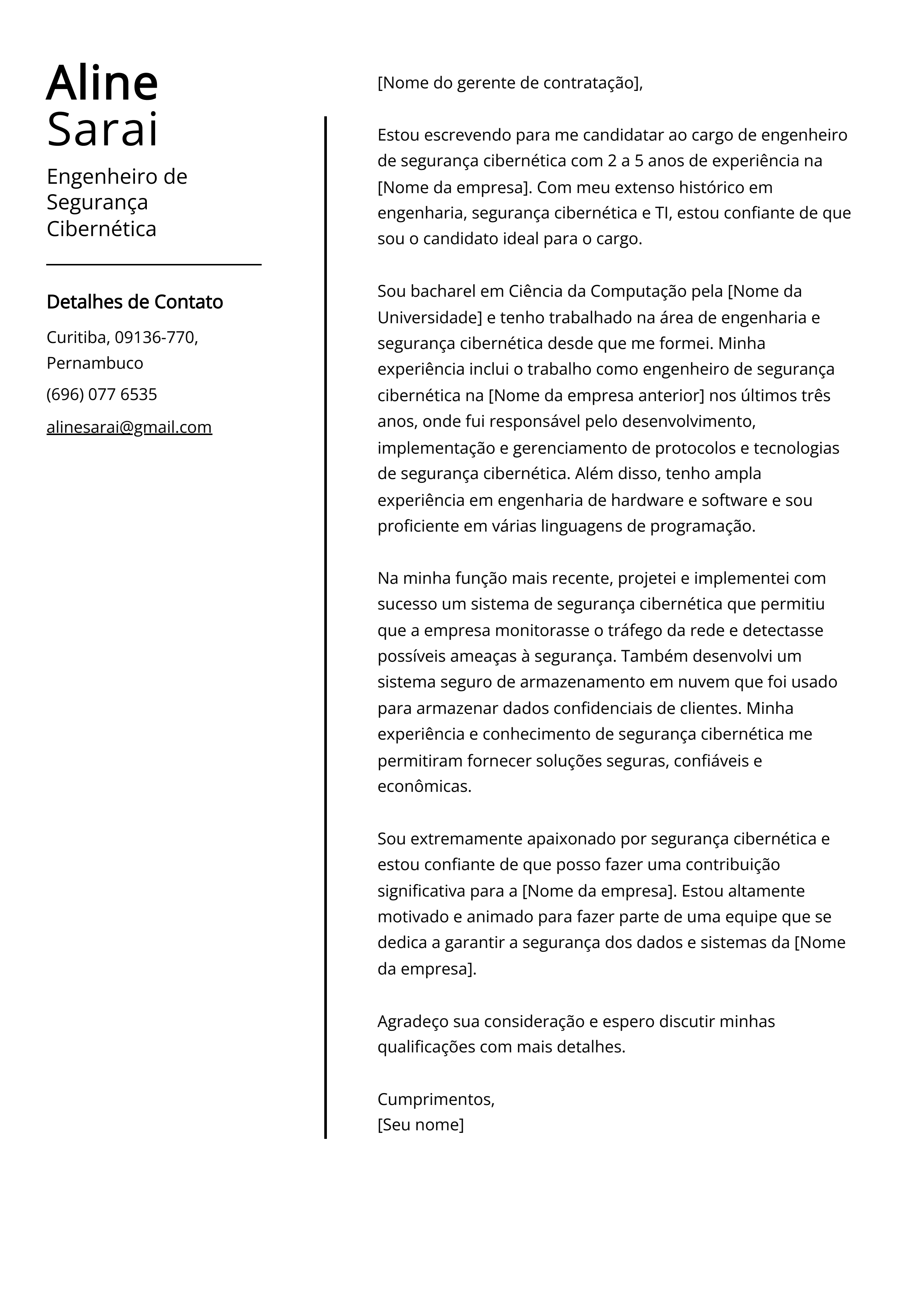 Exemplo de carta de apresentação do Engenheiro de Segurança Cibernética