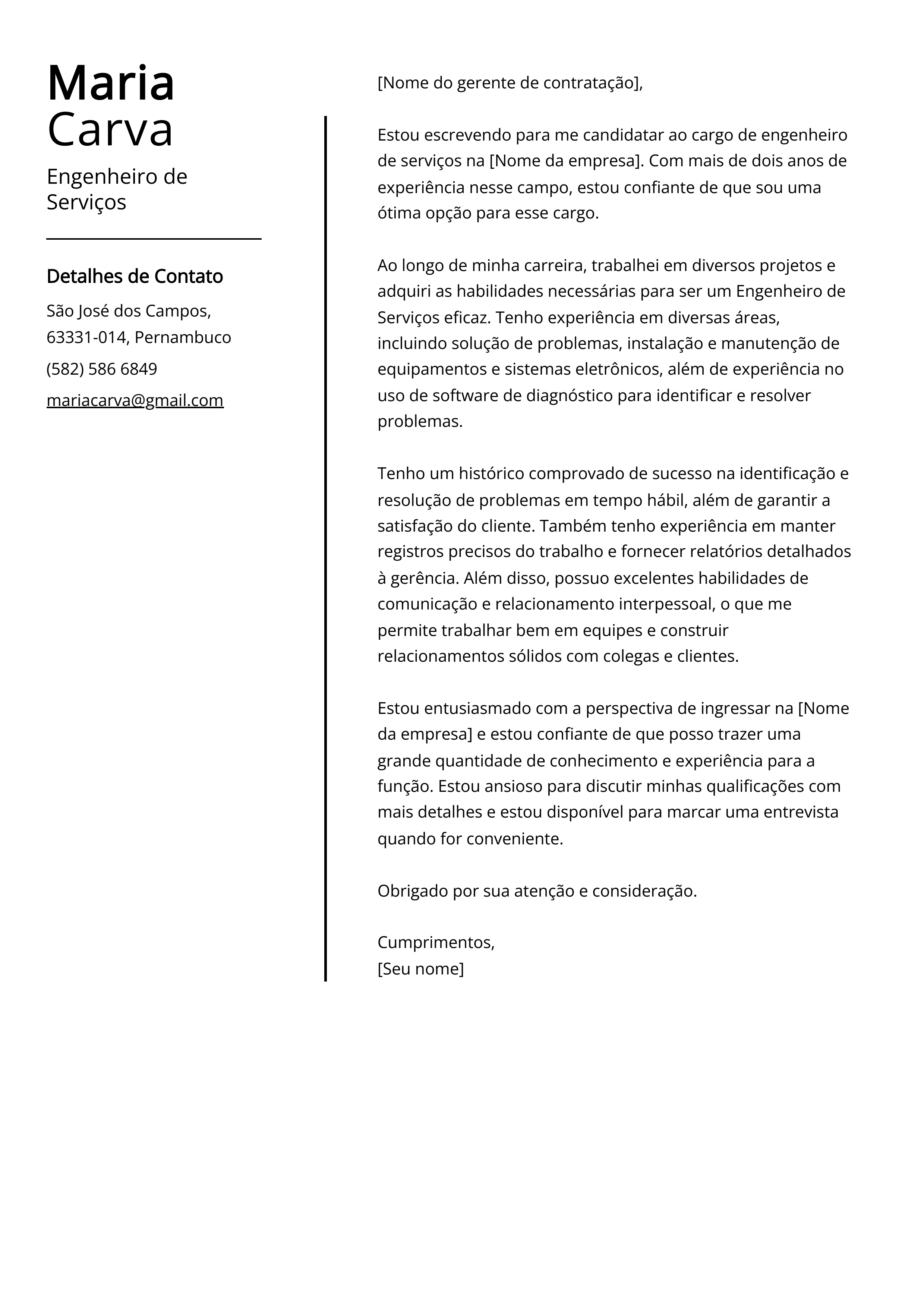 Exemplo de Carta de Apresentação de Engenheiro de Serviços