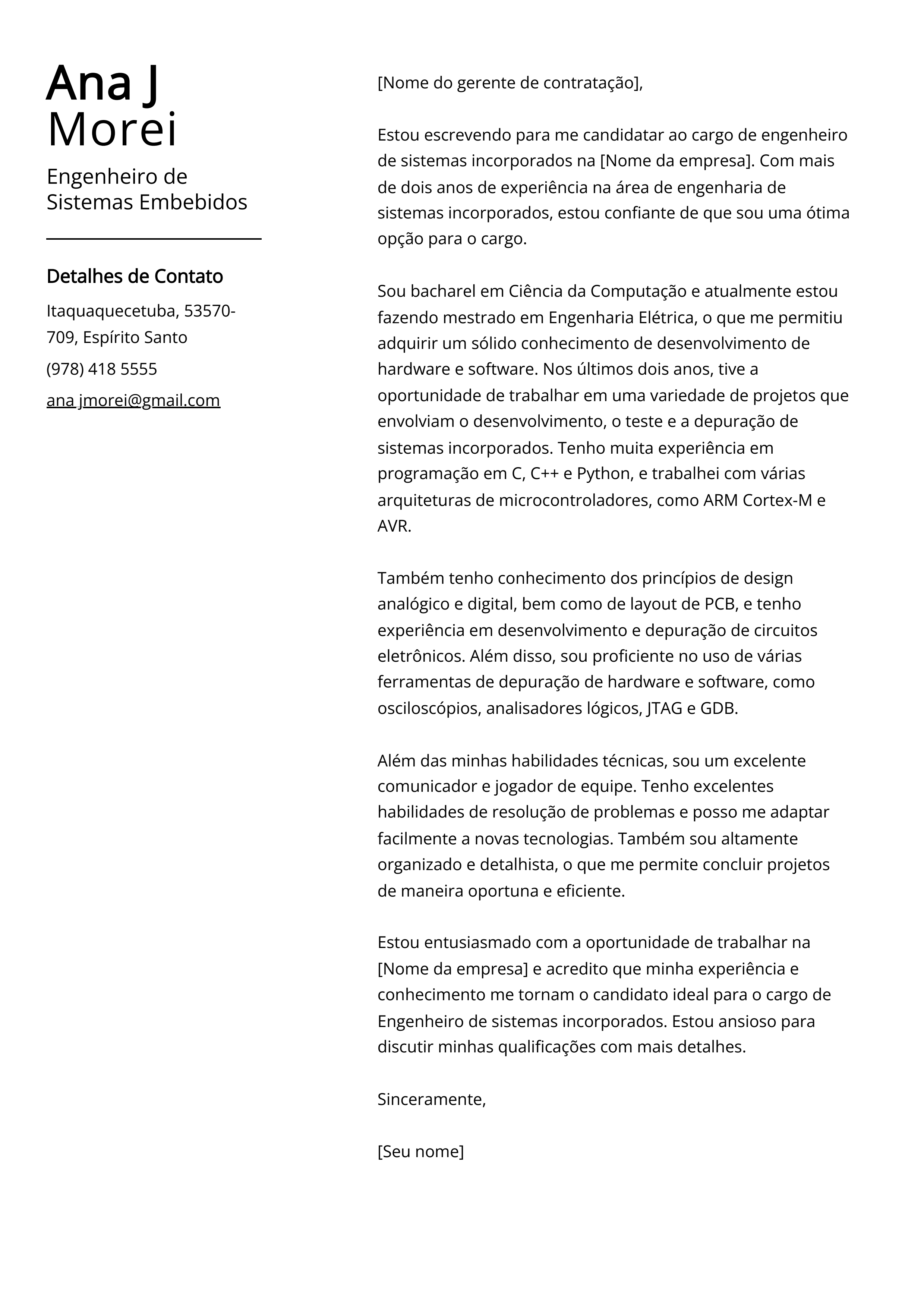 Exemplo de carta de apresentação do Engenheiro de Sistemas Embebidos