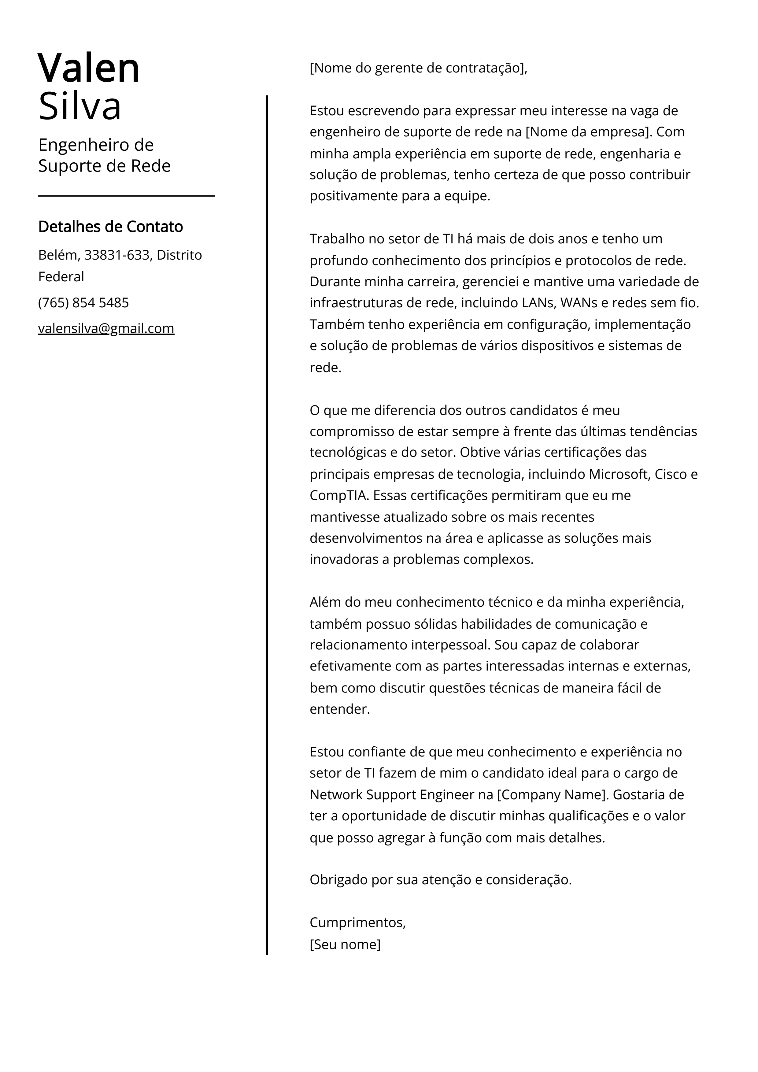 Exemplo de carta de apresentação do Engenheiro de Suporte de Rede