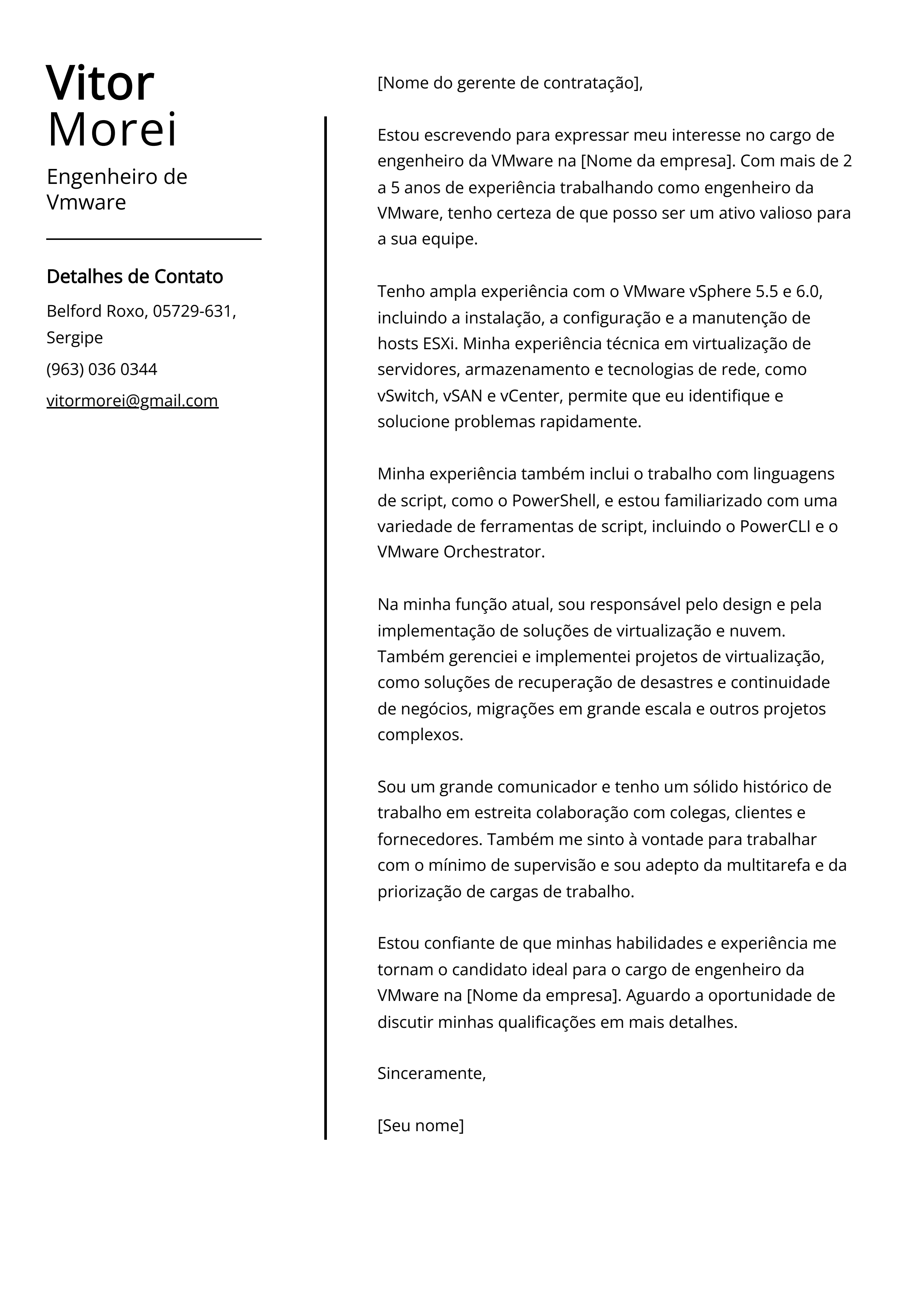 Exemplo de carta de apresentação do Engenheiro de Vmware