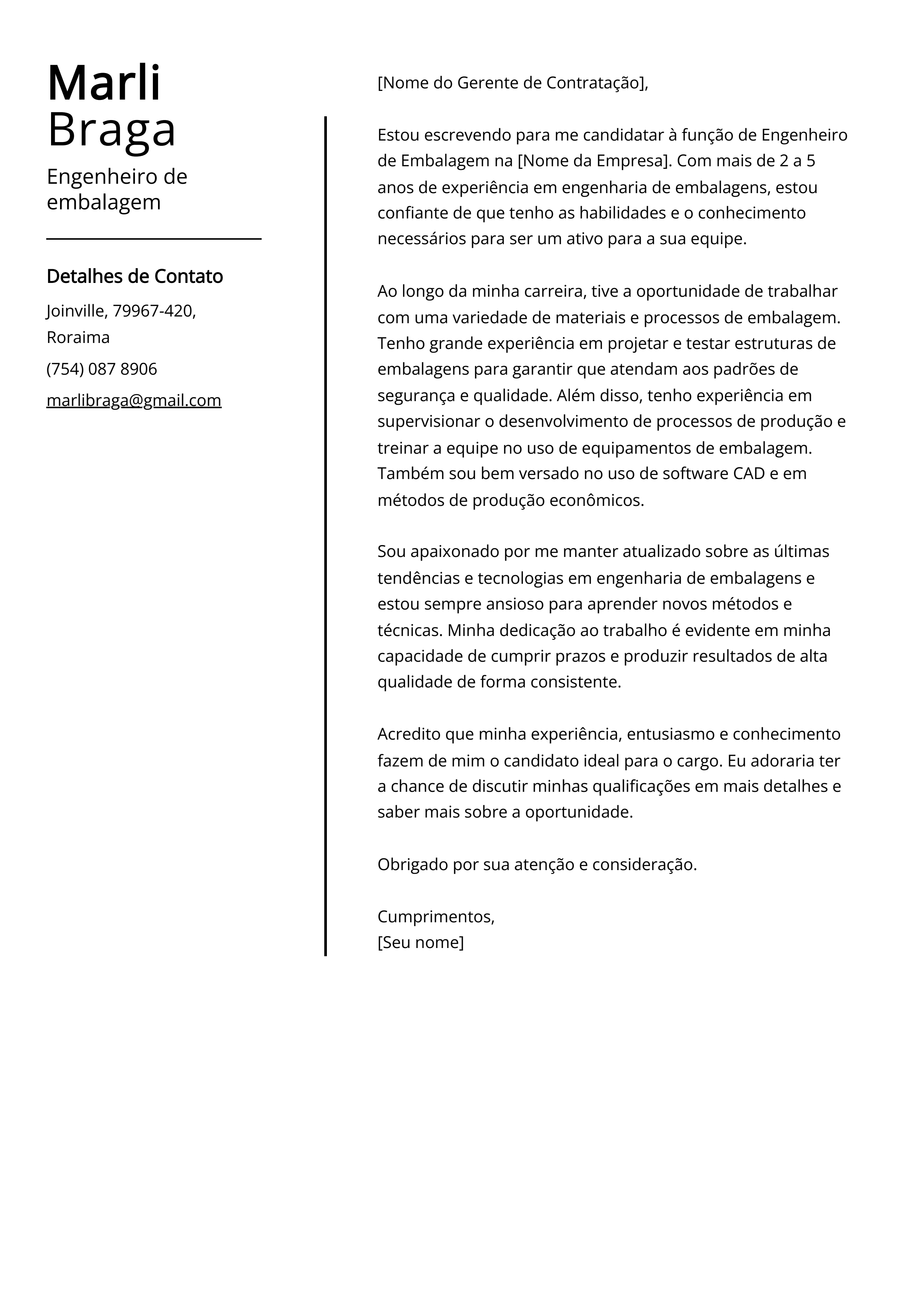 Engenheiro de embalagem Cover Letter Example