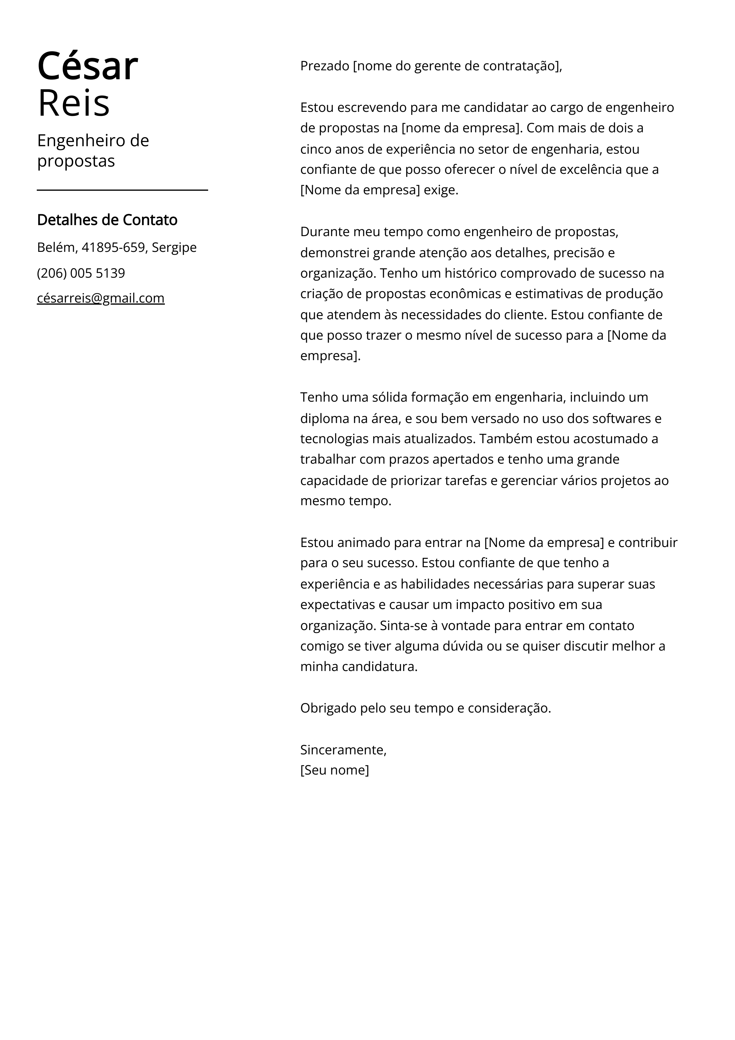 Engenheiro de propostas Exemplo de carta de apresentação