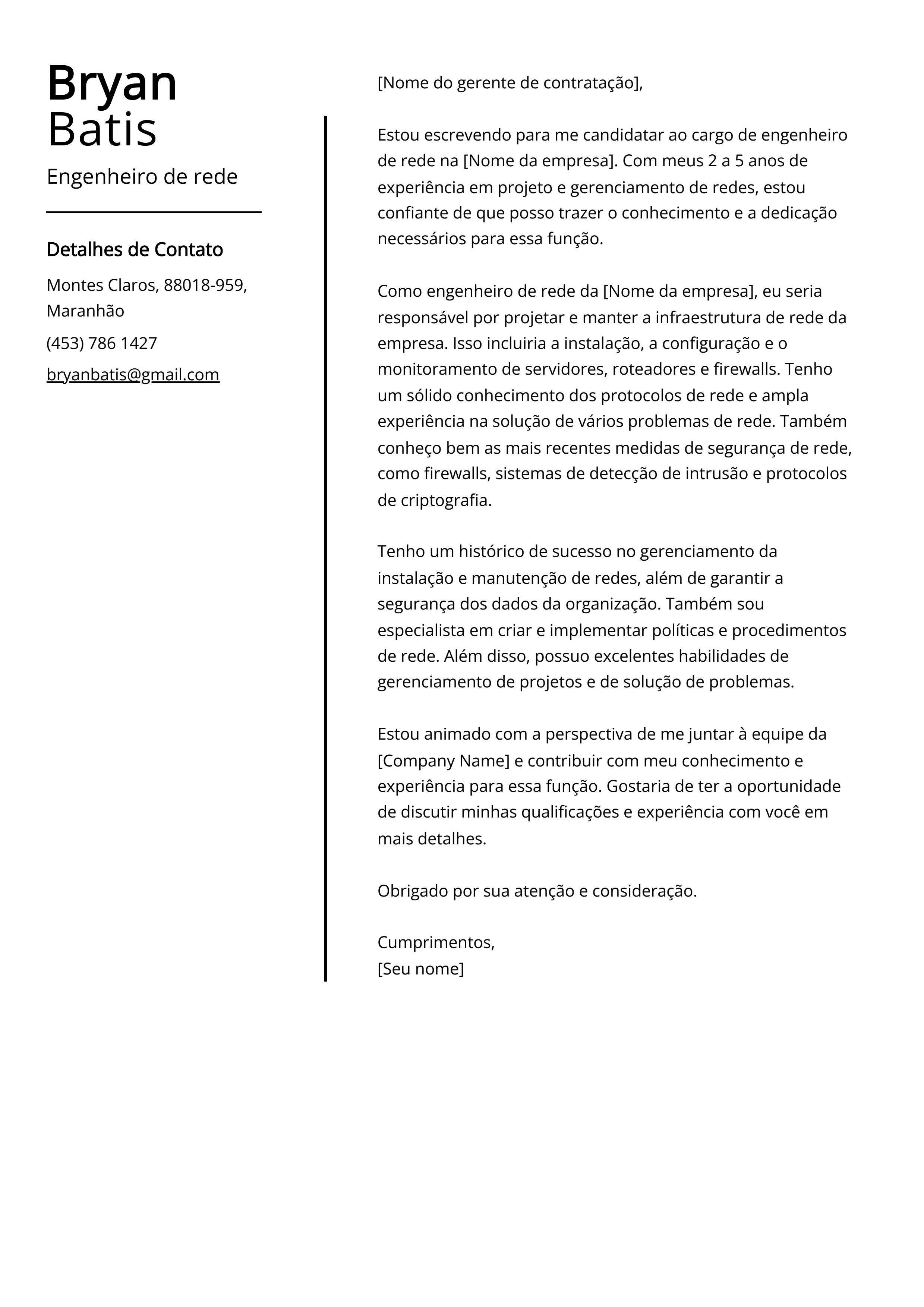 Exemplo de carta de apresentação do engenheiro de rede