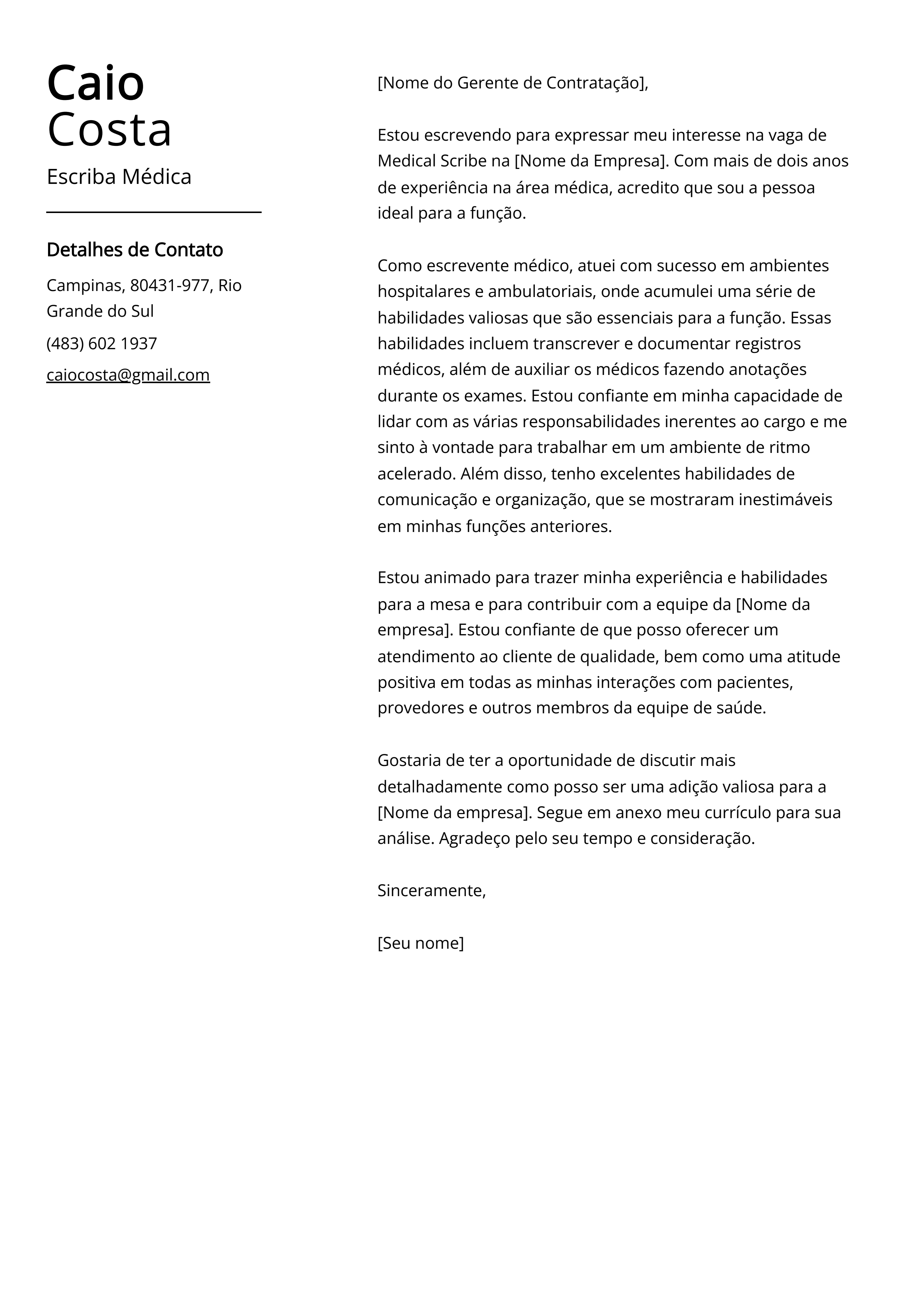 Exemplo de carta de apresentação da Escriba Médica