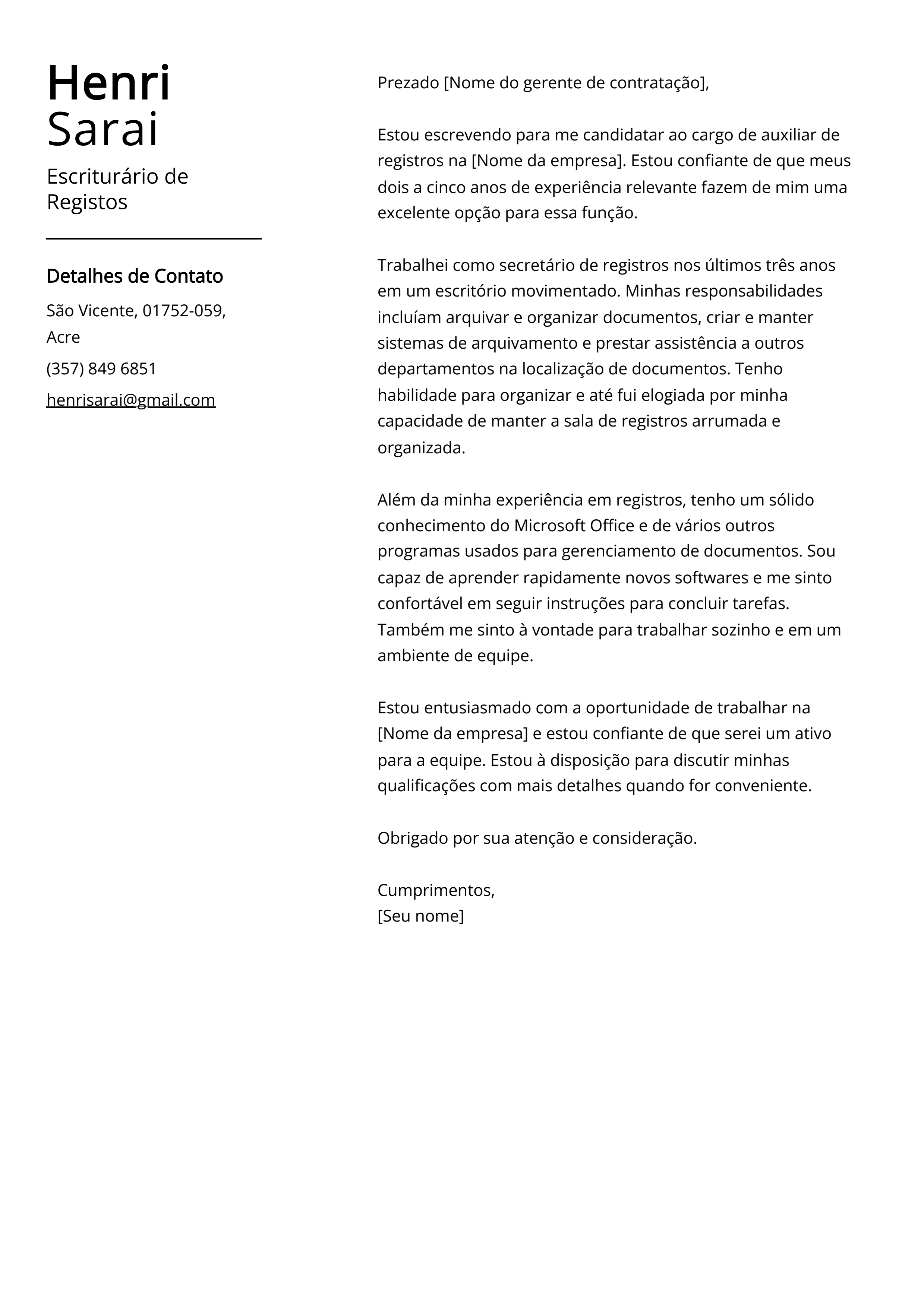 Exemplo de carta de apresentação de Escriturário de Registros