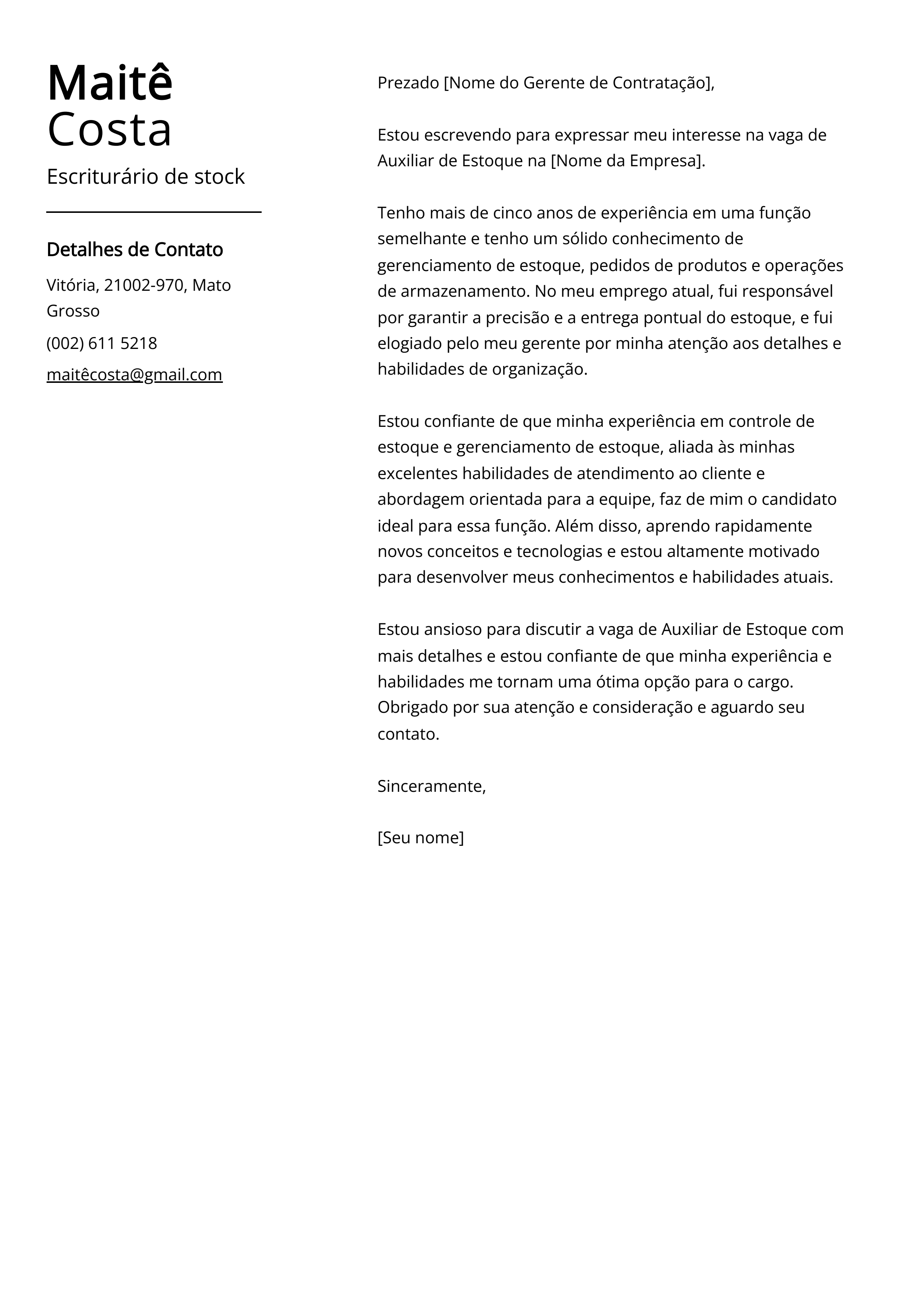 Exemplo de Carta de Apresentação de Escriturário de Estoque