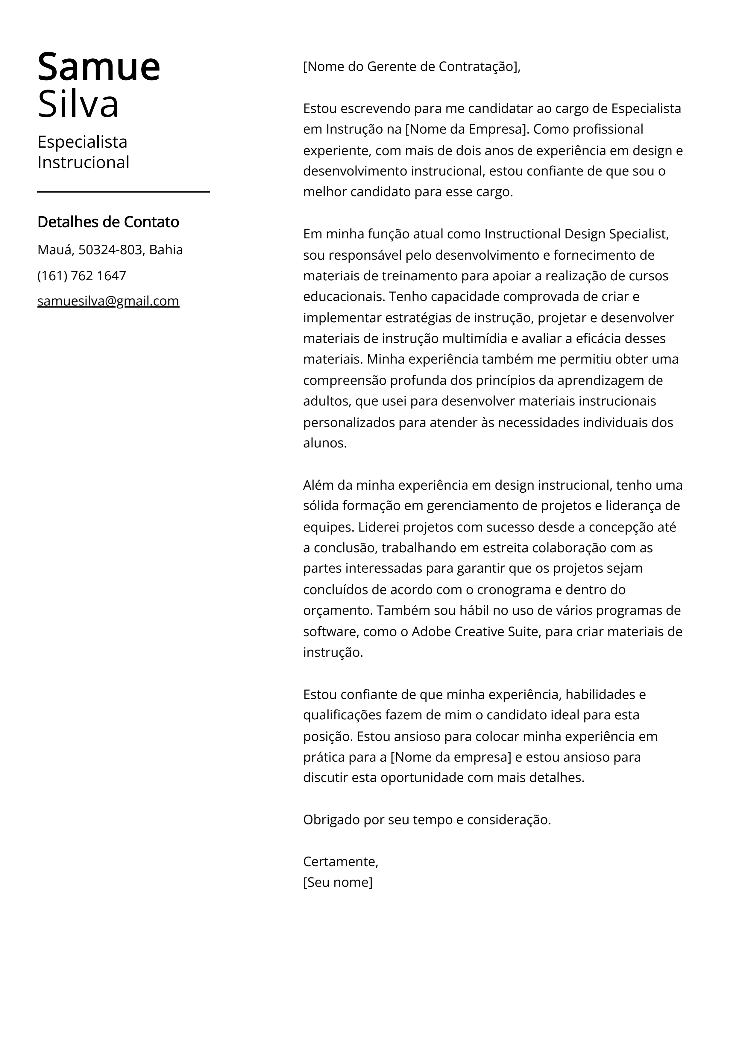 Exemplo de Carta de Apresentação de Especialista Instrucional