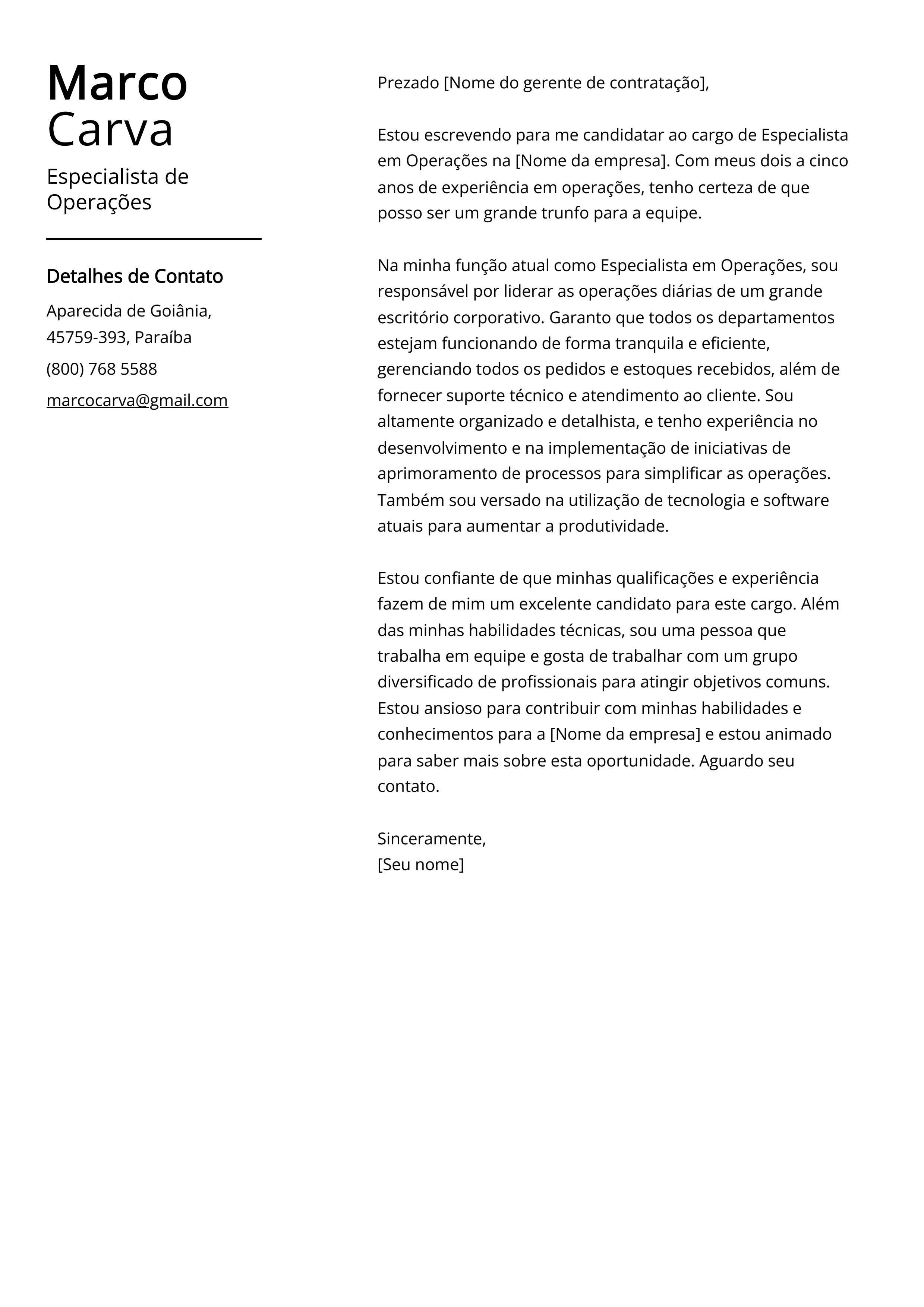 Exemplo de Carta de Apresentação de Especialista de Operações