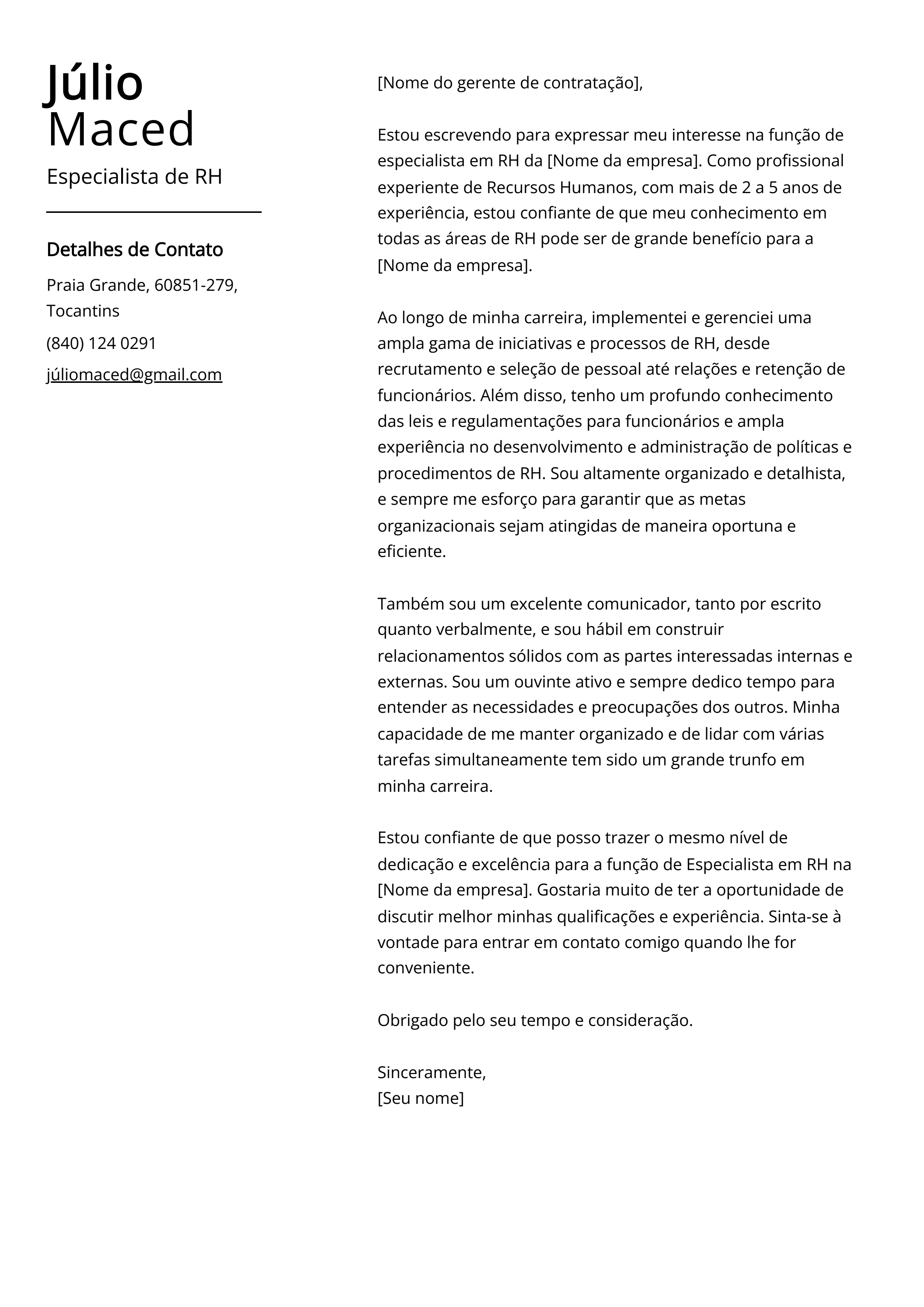 Exemplo de carta de apresentação de especialista em RH