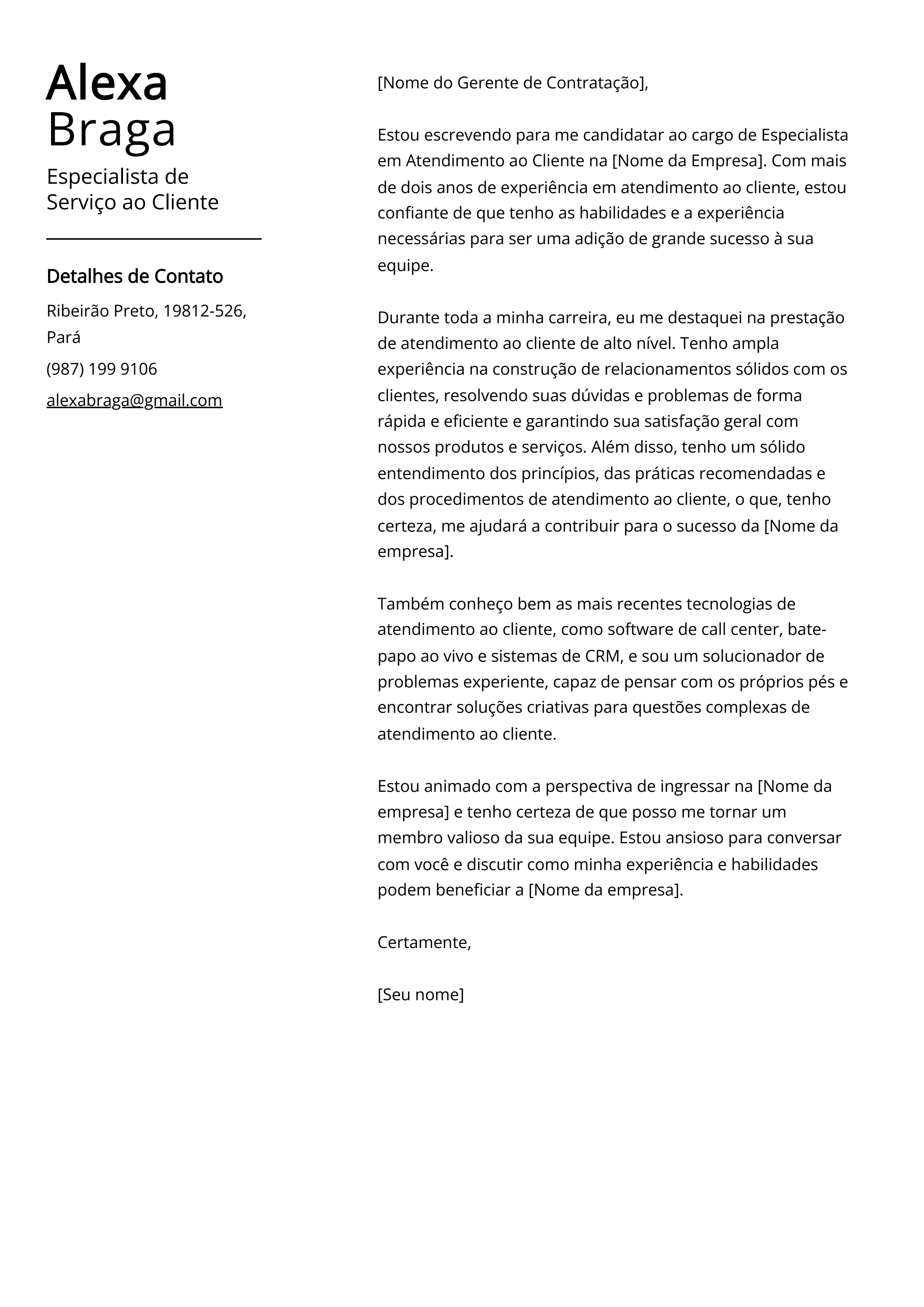 Exemplo de Carta de Apresentação de Especialista de Serviço ao Cliente