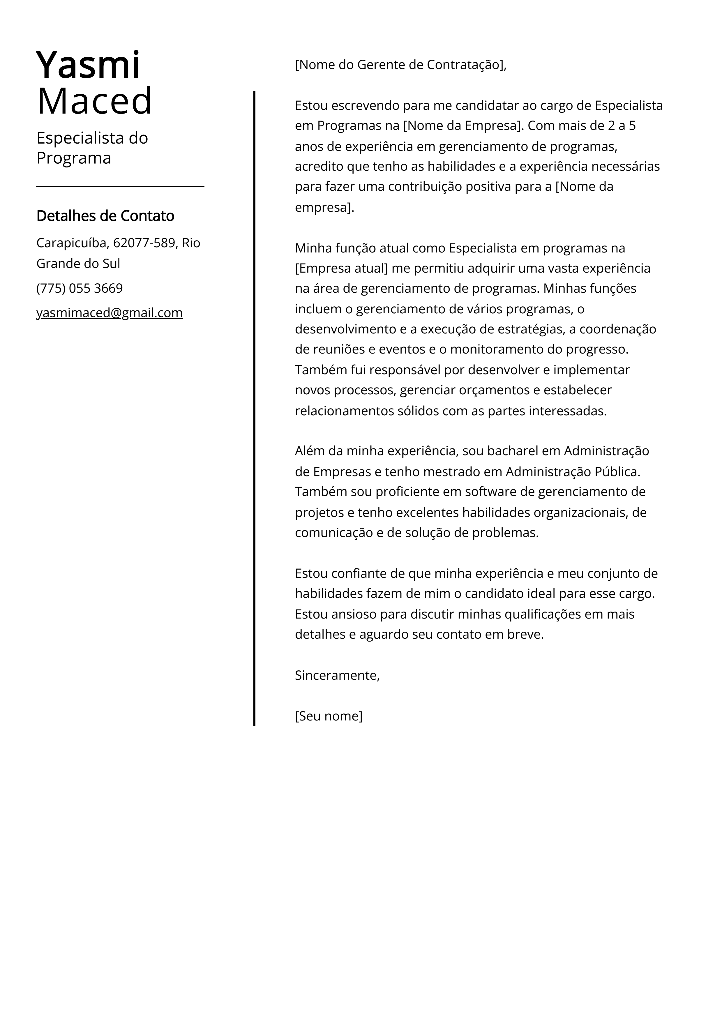 Exemplo de carta de apresentação do Especialista do Programa