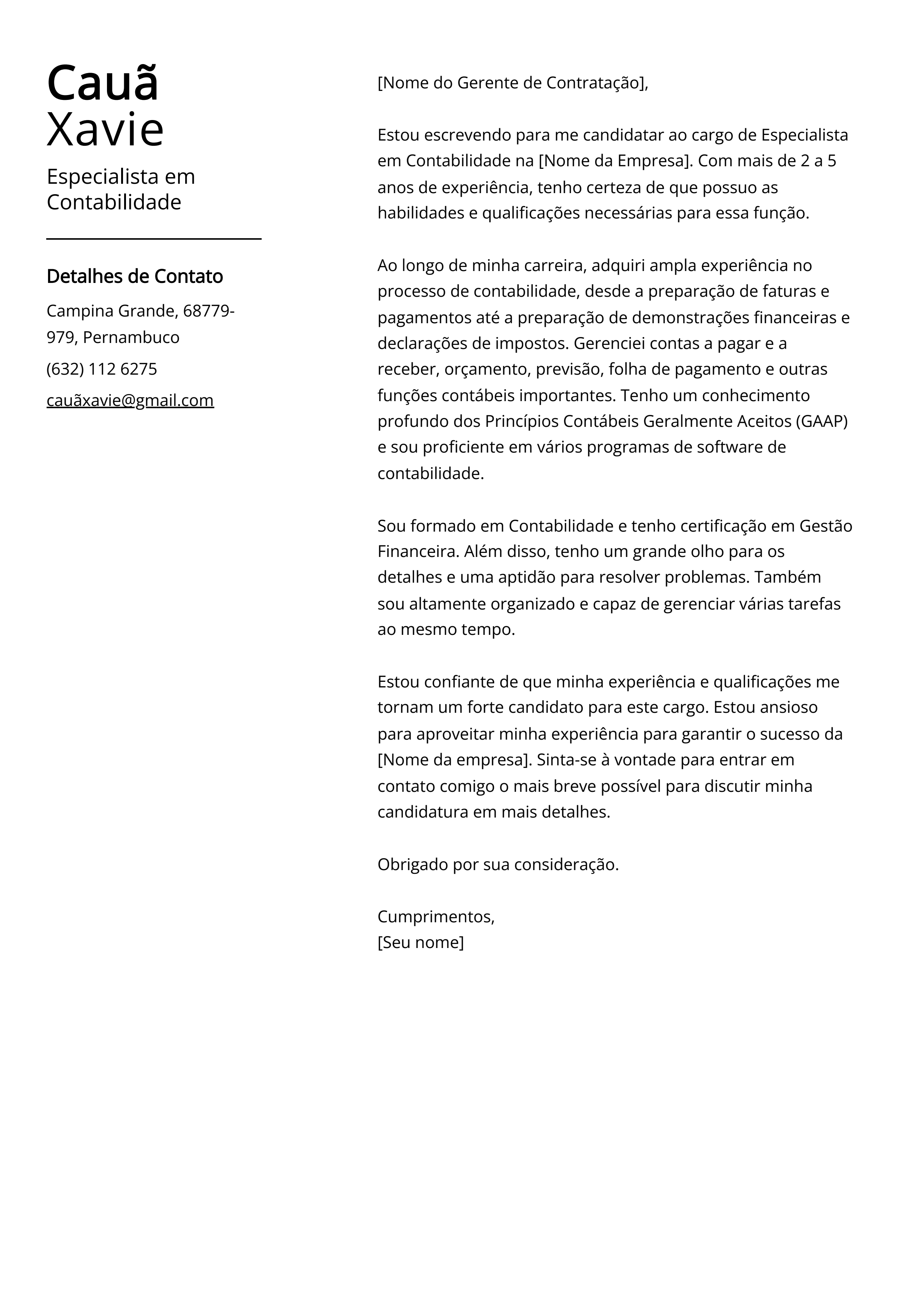 Exemplo de Carta de Apresentação de Especialista em Contabilidade