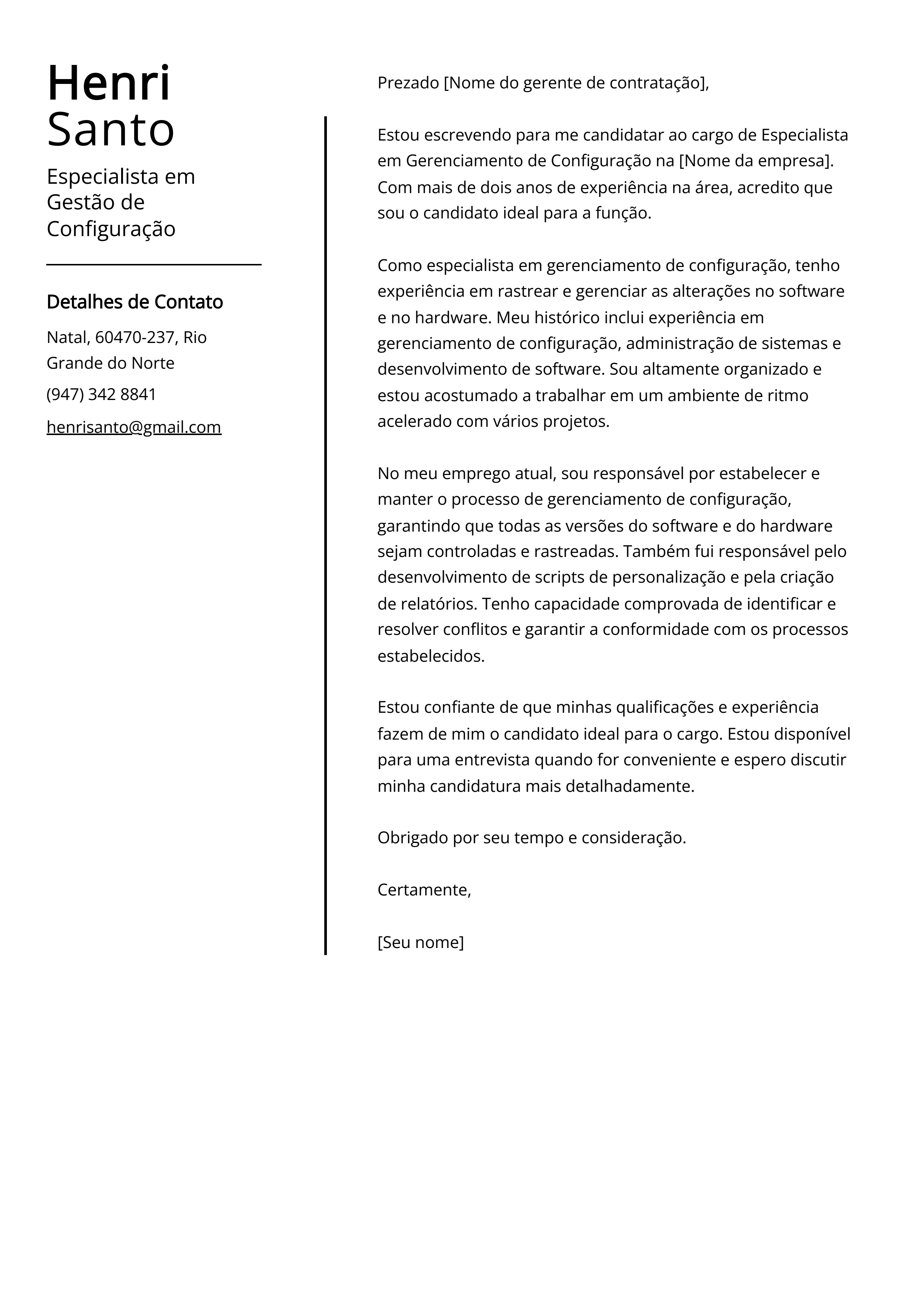 Exemplo de Carta de Apresentação de Especialista em Gestão de Configuração