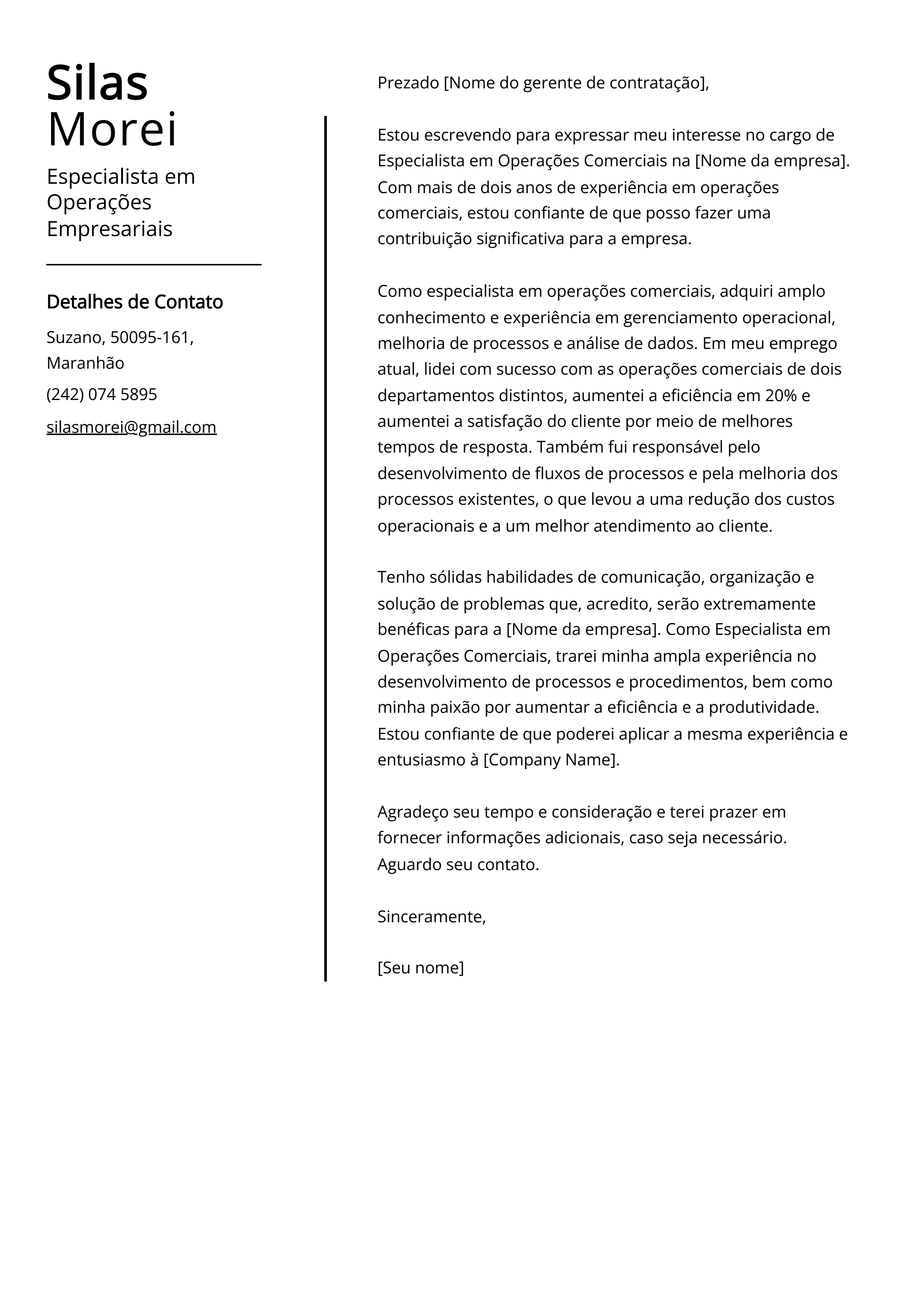 Exemplo de Carta de Apresentação de Especialista em Operações Empresariais
