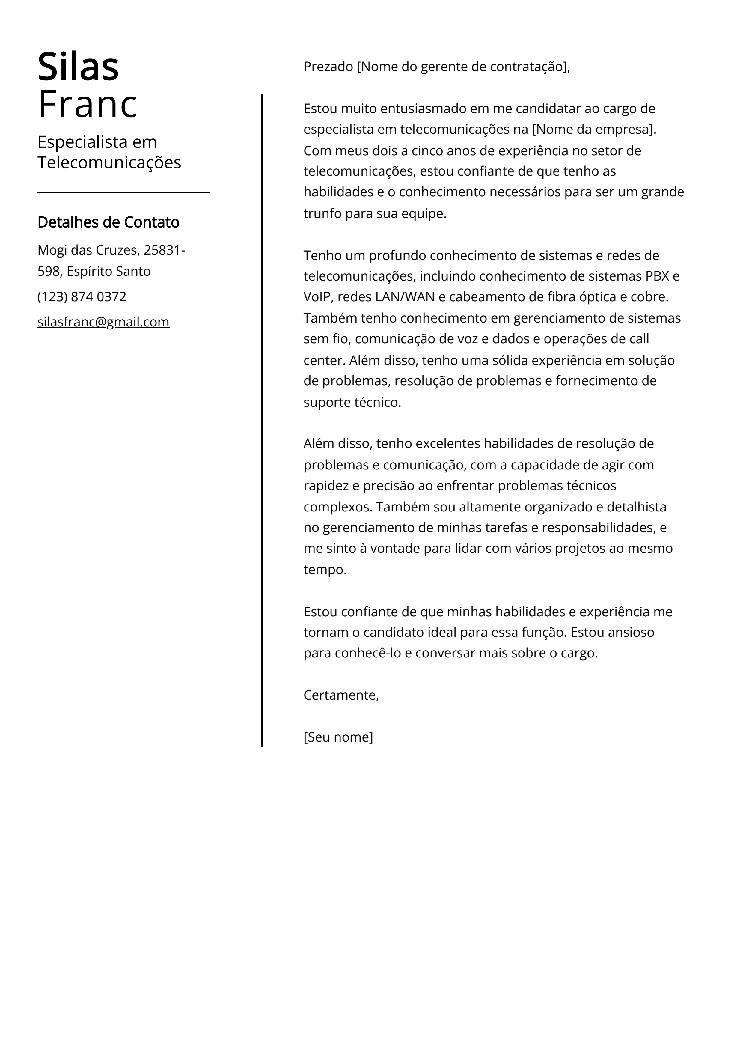 Exemplo de Carta de Apresentação de Especialista em Telecomunicações