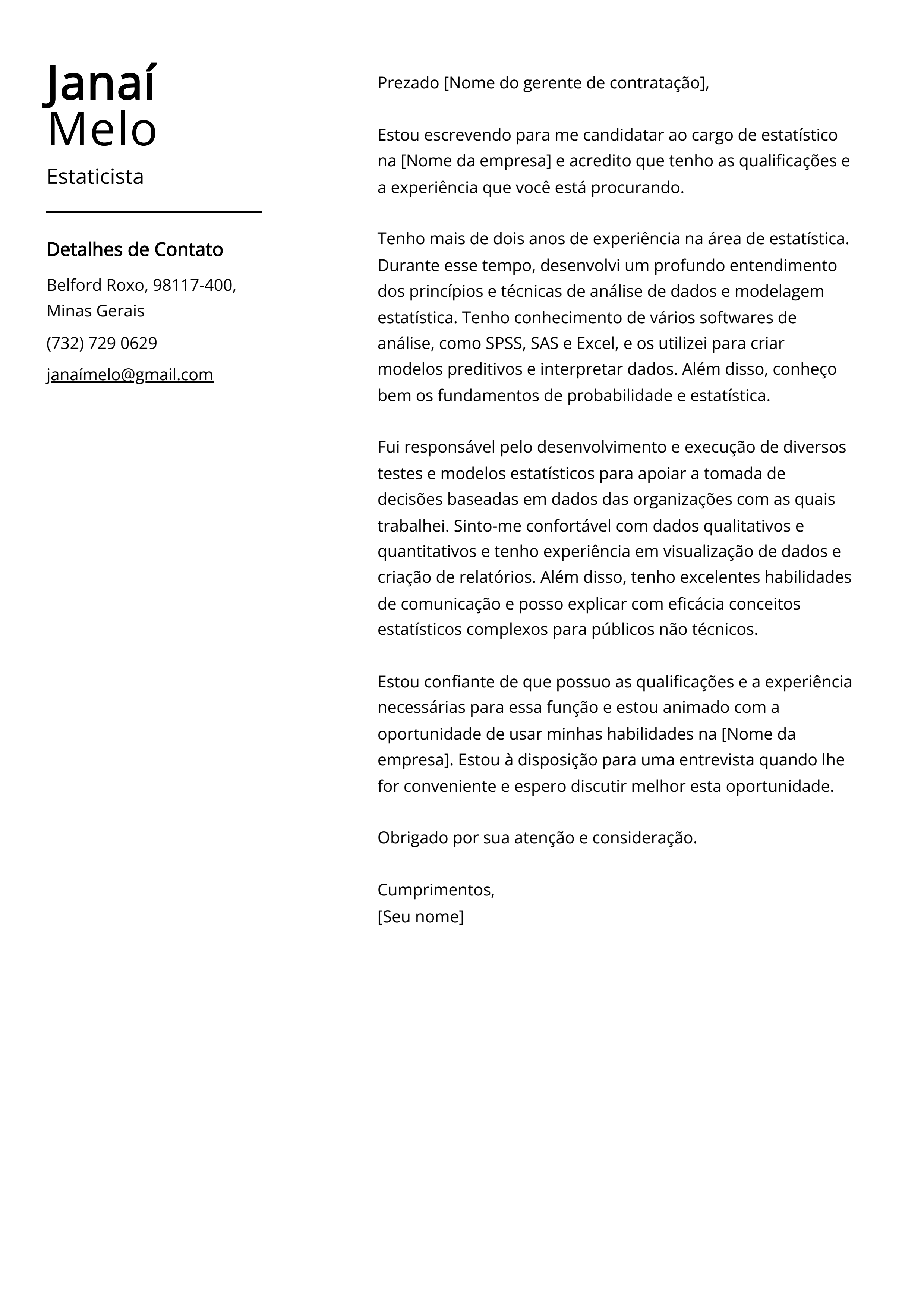 Exemplo de Carta de Apresentação de Estaticista