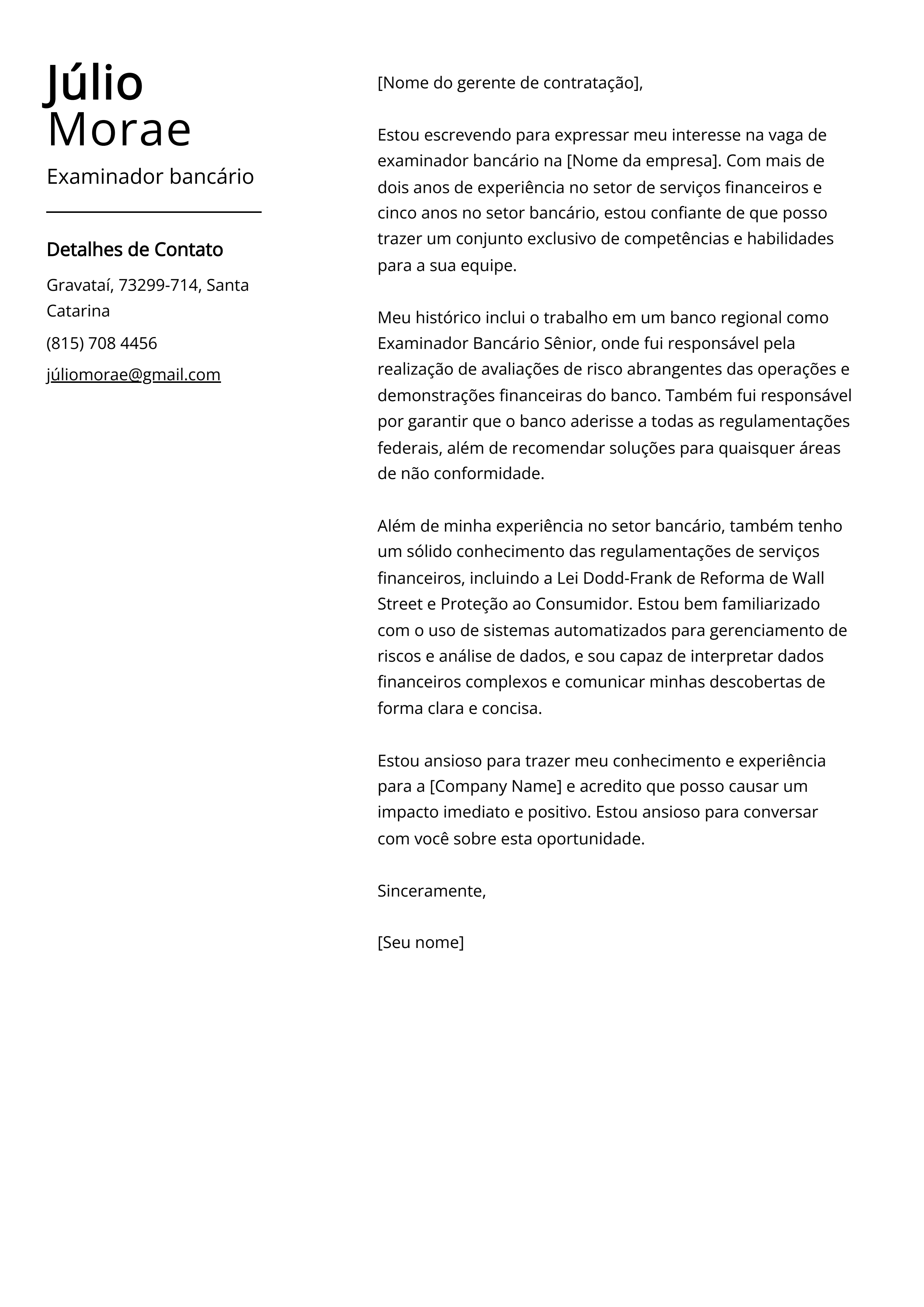 Exemplo de carta de apresentação de examinador bancário