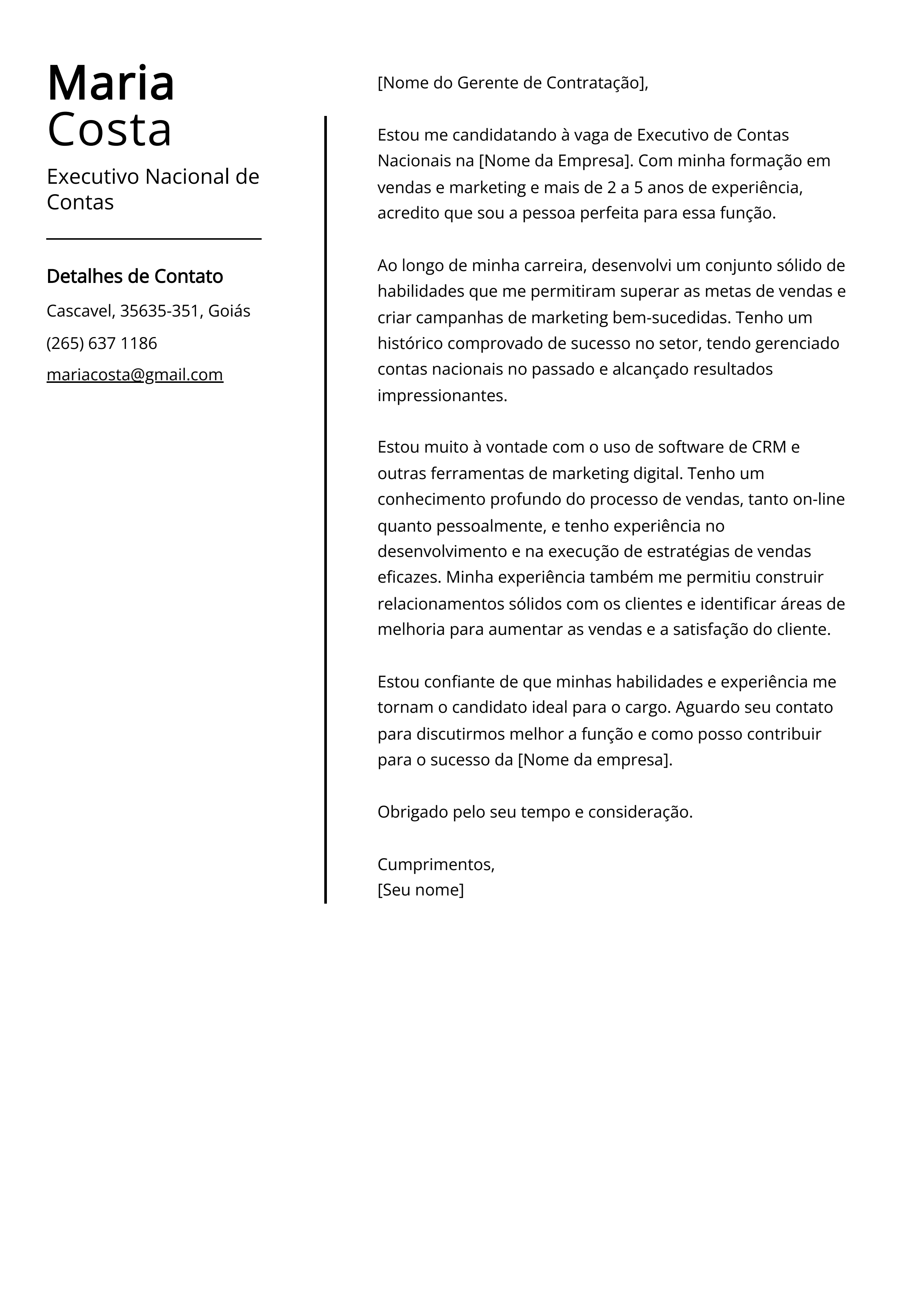 Exemplo de carta de apresentação do Executivo Nacional de Contas
