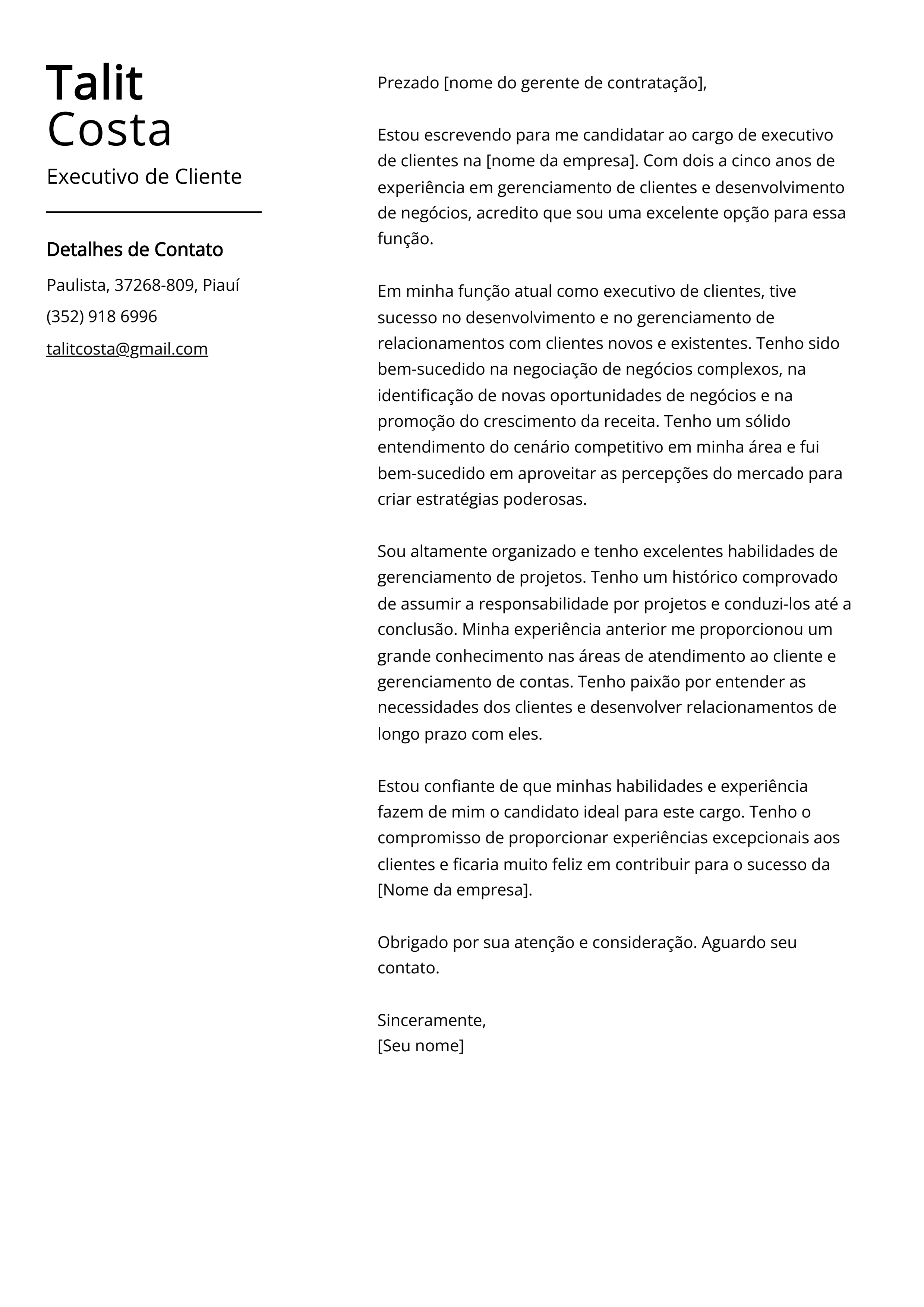 Exemplo de Carta de Apresentação de Executivo de Cliente