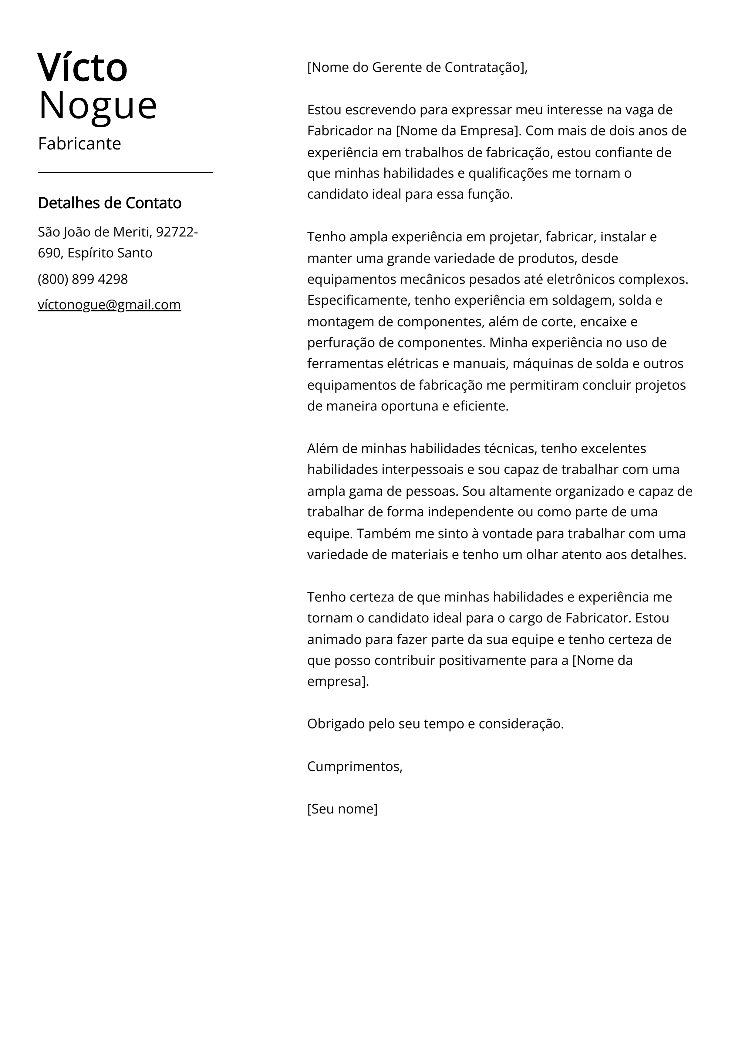 Exemplo de carta de apresentação do fabricante