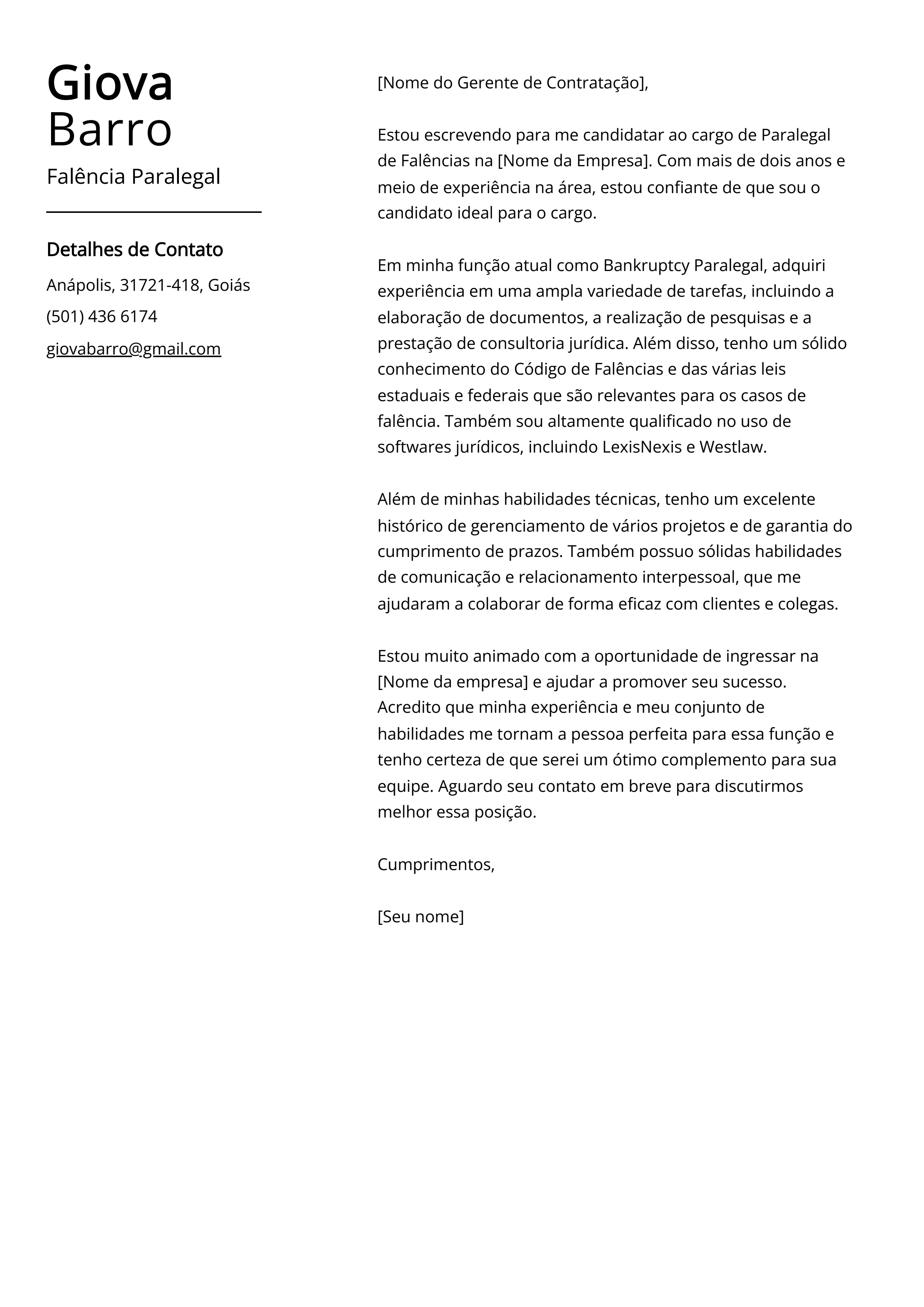 Exemplo de carta de apresentação do Falência Paralegal