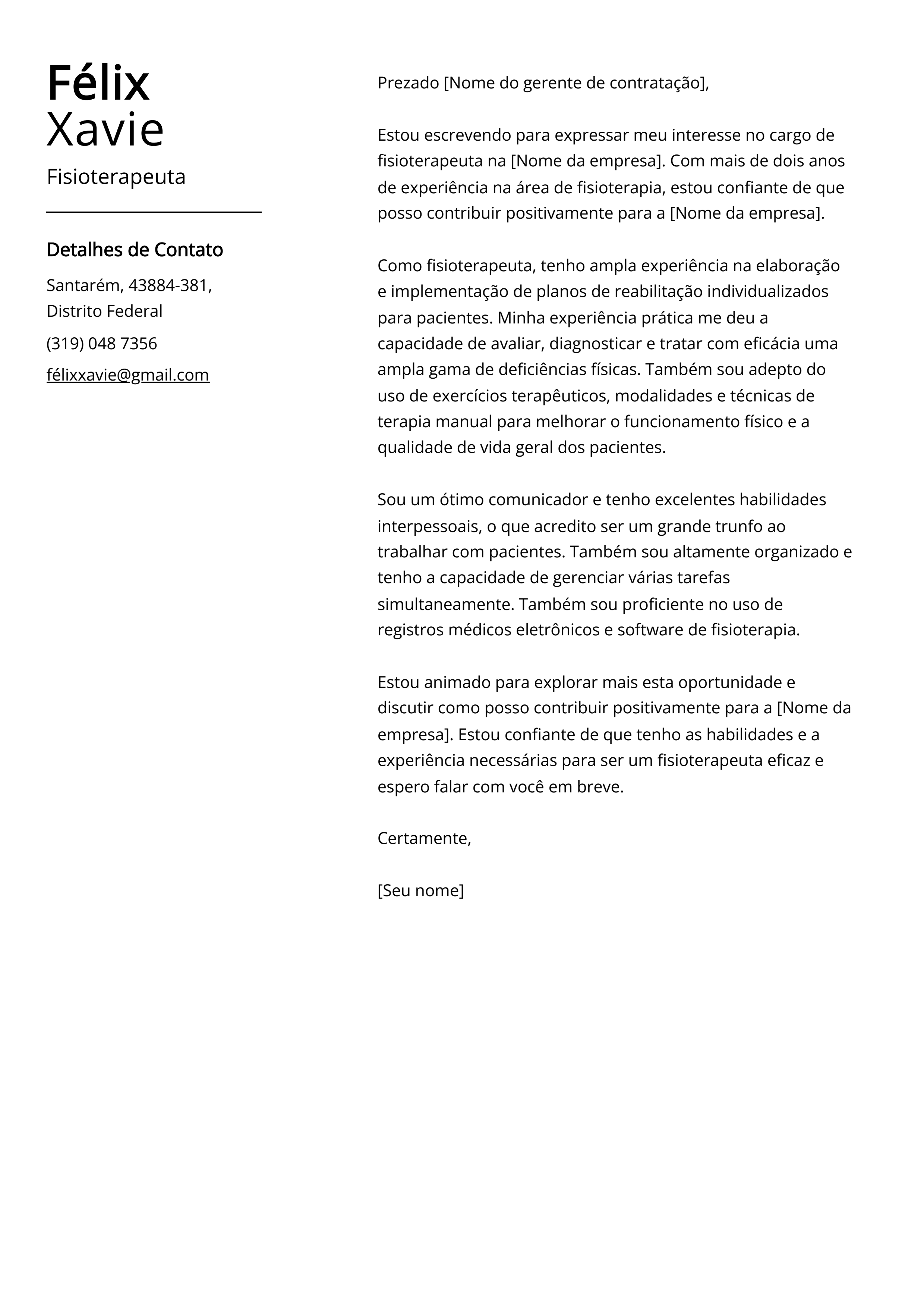 Exemplo de Carta de Apresentação de Fisioterapeuta