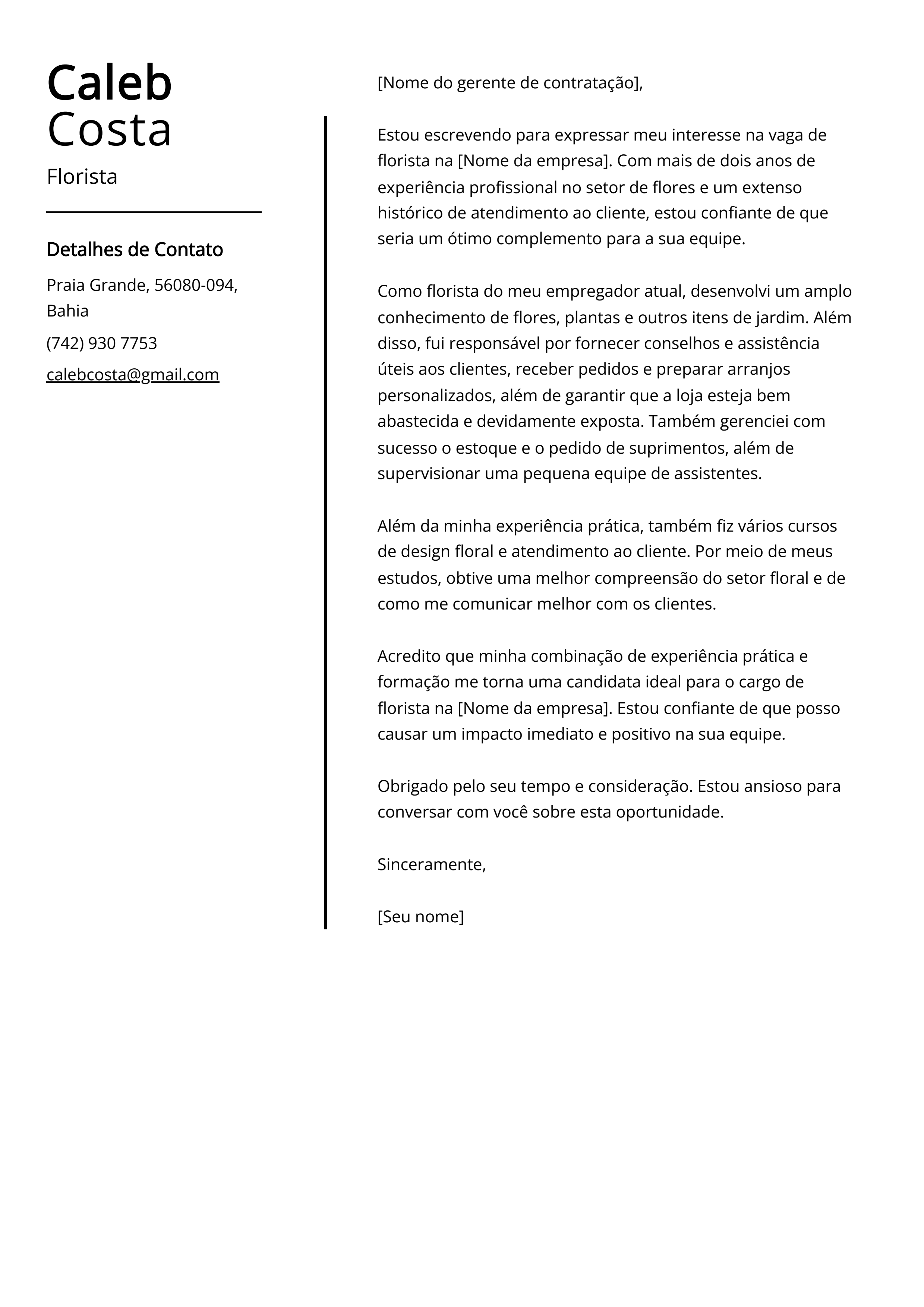 Exemplo de carta de apresentação de Florista.