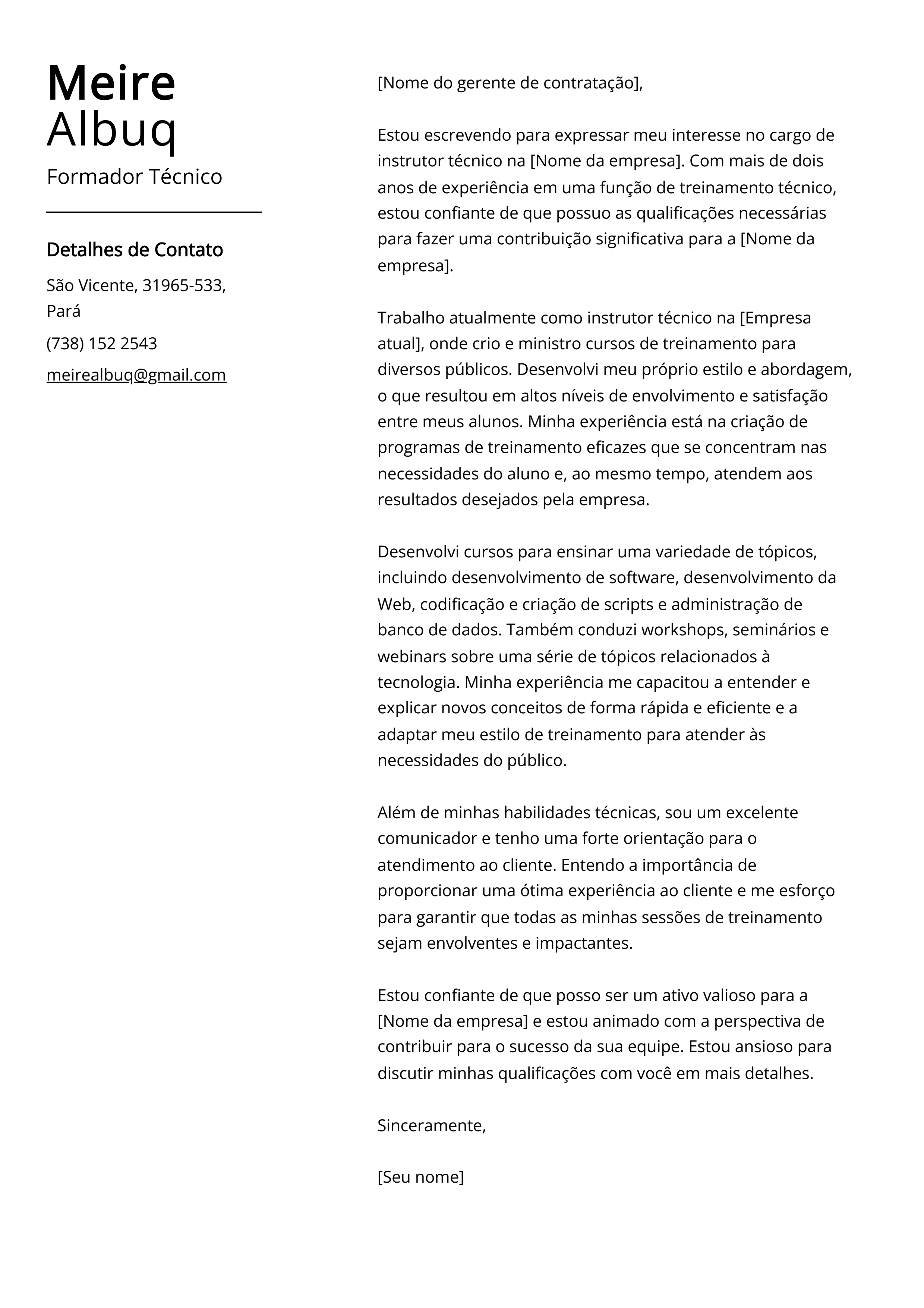 Exemplo de Carta de Apresentação de Formador Técnico