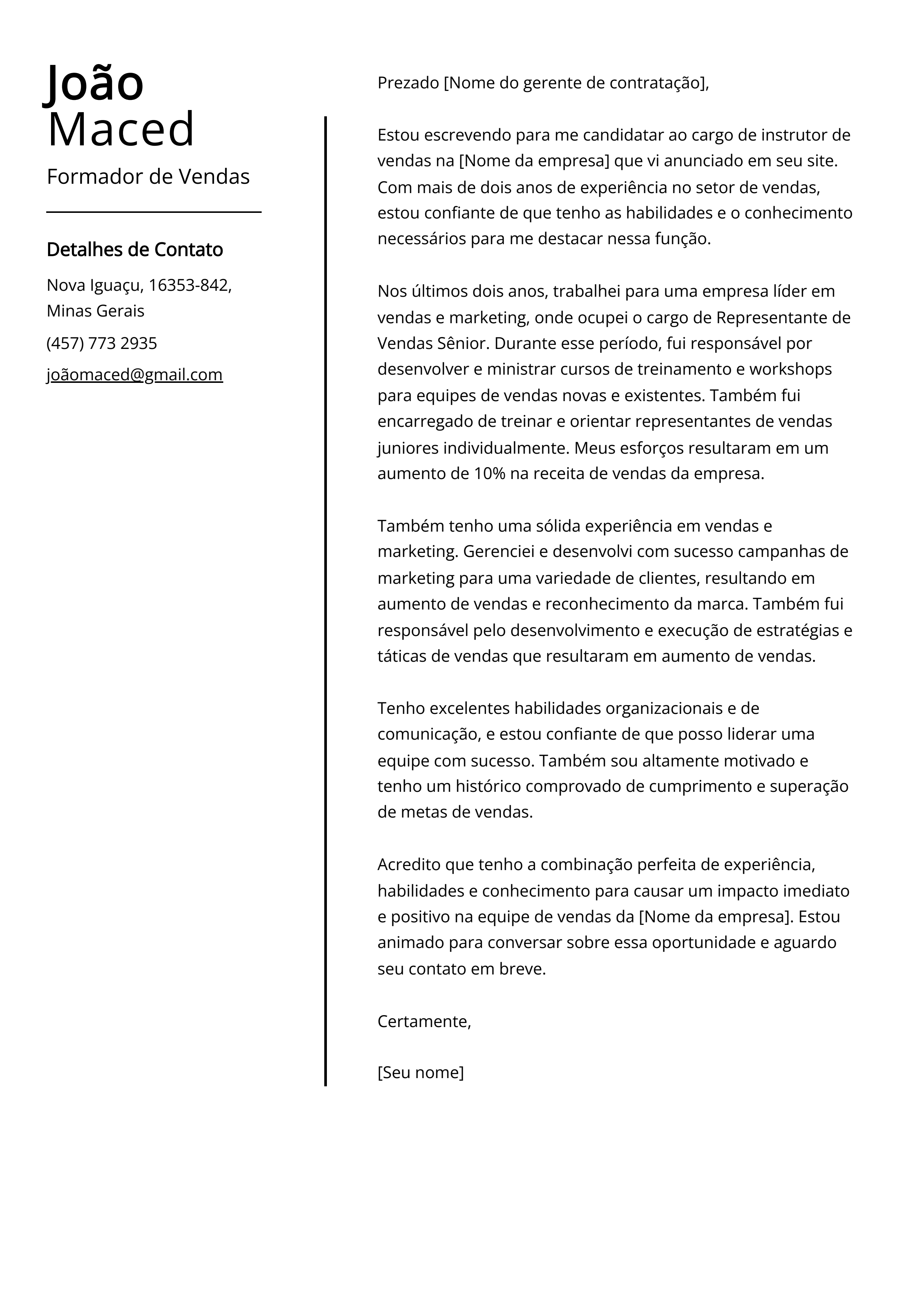 Exemplo de Carta de Apresentação de Formador de Vendas